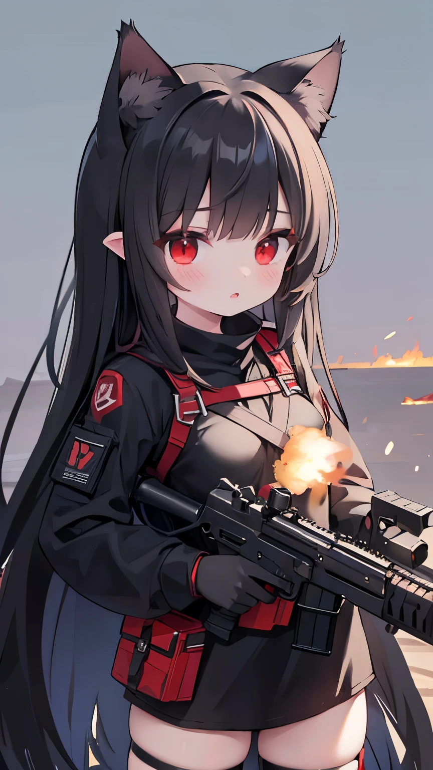 long black hair，Cat-eared girl，red eyes，Tactical bomb hanging，Heavy body armor，Handheld heavy thermal weapon