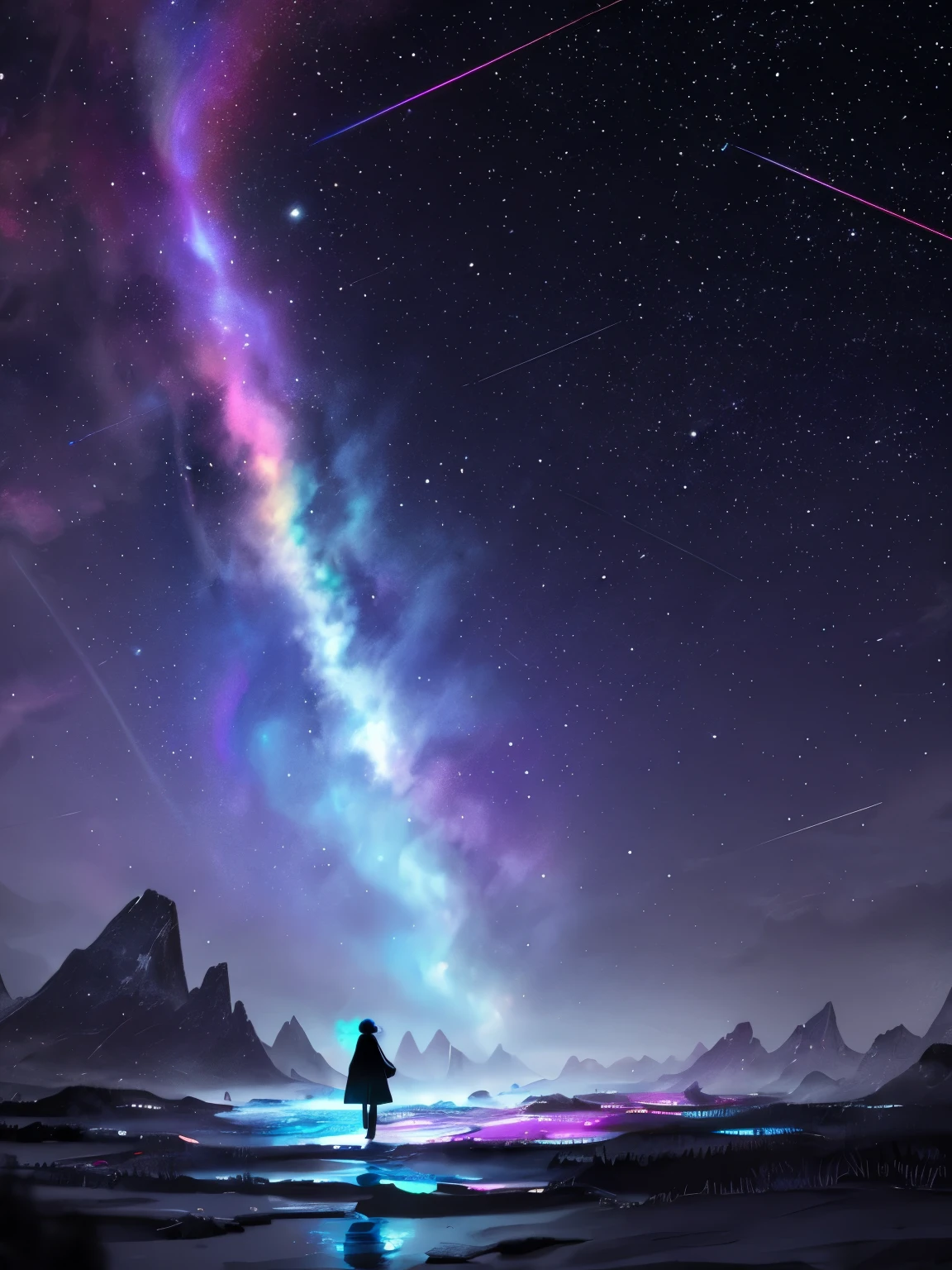 In the heart of a surreal dreamscape, a lone figure stands in the center of the canvas, their back turned to the observer, a silhouette against a tapestry of vibrant yet enigmatic colors. The atmosphere is cloaked in a mysterious, dark aura, where shadows dance with the ethereal glow of bioluminescent hues. The person's stance echoes a yearning for purpose, a silhouette framed by the intense palette of midnight blues and deep purples that paint the backdrop. Specks of luminescent emerald and indigo punctuate the darkness, hinting at the latent possibilities awaiting discovery. Above, a cosmic ballet unfolds as nebulae of sapphire and crimson swirl in a cosmic dance, reflecting the vastness of uncharted potential. The figure's outstretched hands, adorned with intricate, celestial symbols, reach towards the cosmos, fingers brushing against the edges of galaxies yet to be explored. Beneath their feet, a labyrinth of roots weaves through the rich, earthy tones, an intricate network connecting the seeker to the very essence of existence. The ground itself seems alive, pulsating with hints of magenta and jade, representing the interconnectedness of all things on the journey towards purpose. Surrounding the person, a symphony of whispers echoes through the air, depicted by wisps of cerulean and violet tendrils that undulate with the unseen currents of desire and longing. Each wisp carries a fragment of the seeker's untold story, blending with the cosmic chorus that permeates the scene. In the distance, towering monoliths rise from the mystical landscape, their surfaces adorned with phosphorescent glyphs that tell tales of forgotten wisdom and ancient quests for meaning. These monoliths cast elongated shadows, creating a theatrical chiaroscuro effect that adds to the dramatic allure of the image. As the viewer gazes upon this captivating scene, they are drawn into the very essence of the seeker's quest, surrounded by the paradoxical combination of darkness and vivid c