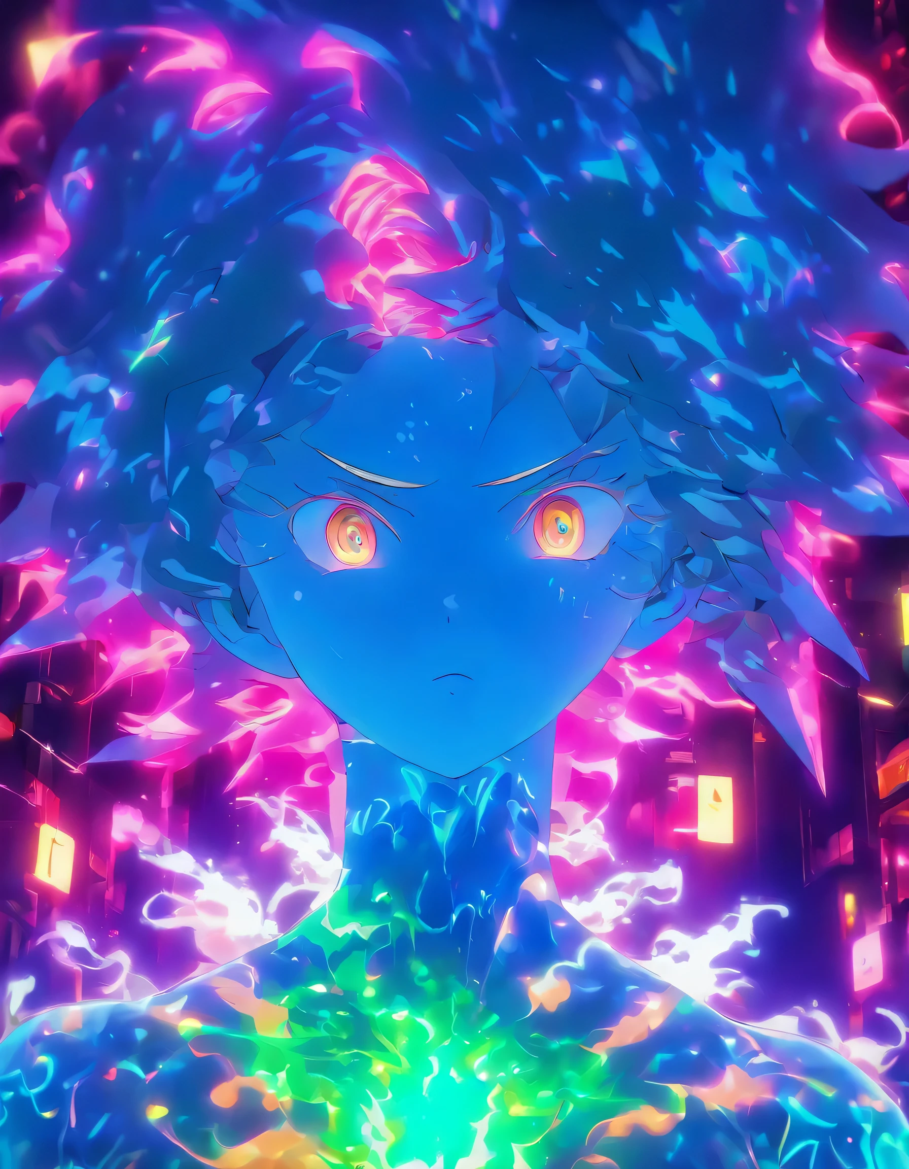 "Experience the ethereal beauty of a ghostly figure, renderizado com detalhes impressionantes por Mschiffer. See how the ghostly creature, with its translucent shape, ganha vida em luzes neon vibrantes de cores RGB. Strong backlit and bokeh effects add depth and dimension to this 3D masterpiece."