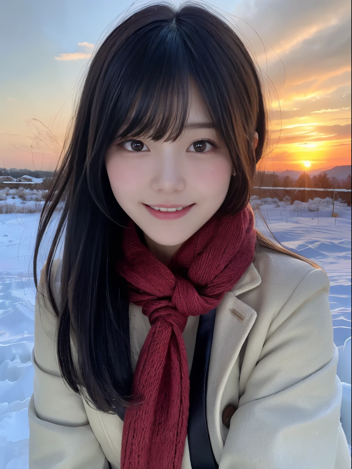 (Dressed in winter uniform with winter coat and scarf、Close up focus on the face of a slender girl with long hair with blunt bangs :1.5)、smiling girl:1.5)、Scarf、light shines on your face、(Girl's hair fluttering in the wind:1.5)、(Beautiful snowy sunset red sky:1.5)、(no mask:1.3)、(full finger:1.3)、realistic、High resolution, delicate and beautiful、perfect face、detailed and beautiful eyes、Fair skin、real human skin、pores、((thin legs))、(black hair)、Stylish and beautiful legs、bright、High luminosity、black tights、slender beautiful legs
