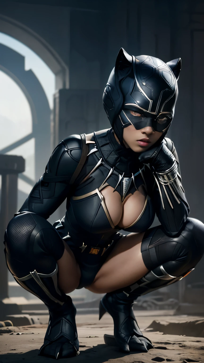 (Marvel's Black Panther, based on the costumes from the Marvel films), (work of art), (ultra detailed), cinematic, (8k resolution), (extremely detailed and technological), Abstract expressionist painting "Hyperion", Black Panther Goddess , technological armor, swimsuit armor showing pussy, epic technological image, epic posture, legendary, crouched posture with hands on the ground, flexible body, legs spread sexy. dark environment, digital painting, concept art portrait of the character, (sexy female body with curves, ((face completely covered black panther)), eyes shining with energy, impressive cleavage, very open, (extremely long and beautiful natural breasts, big, breasts popping out of the cleavage, dark nipples showing), Get close to emphasize the beautiful cleavage, close-up on the sagging breasts), the most beautiful and sexiest character of all.