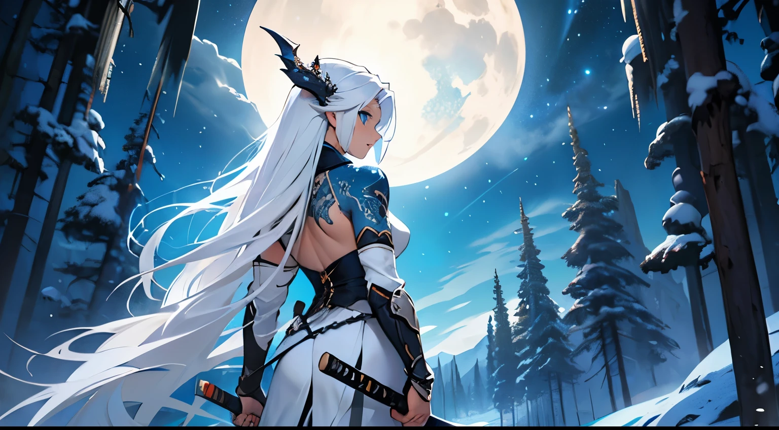 empty landscape, 1 girl, long hair, white armor, an angel, The Dragon, Blue eyes, blue tattoo, snow-white hair, katana, Beautiful night sky, back view, girl looking up