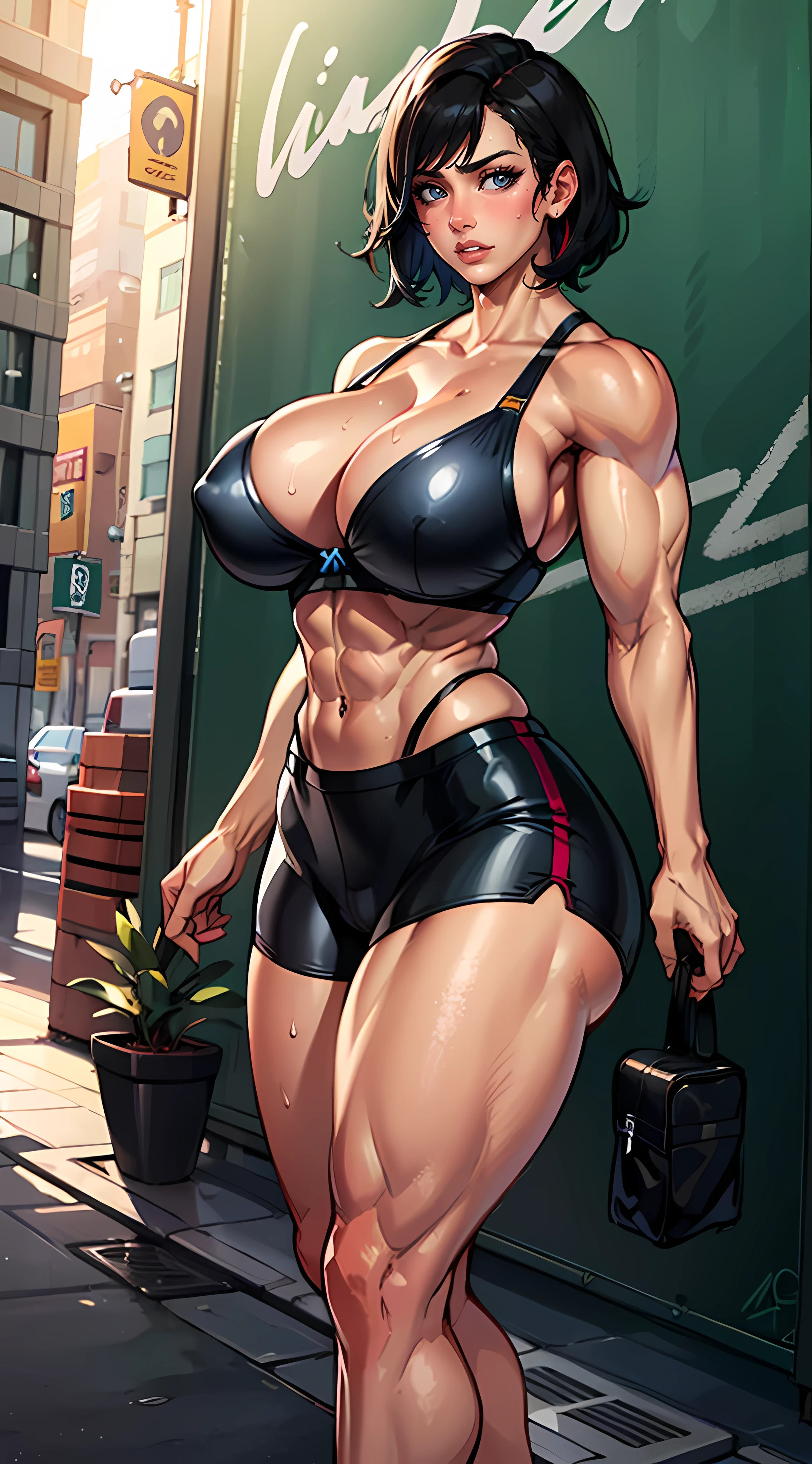(((((Massive Female Bodybuilder))))), , ,
((((Muscular Quadriceps)))), , ,
((((Huge breasts)))), , ,
1, NSFW:1.9, (masterpiece:1.1), best quality, highest quality, perfect anatomy, highres, ultra-detailed, 8k wallpaper, texture, detail, unique, HDR, (extremely detailed CG:1.1), elaborate features, professional photo, beautiful detailed eyes, ray tracing, hentai, perfect face, octane render, realism, innovative,
1girl, close to viewer, sharp focus, hard focus, clearly,
streaked hair, asymmetric hair, bangs hair cut:1.1,
mature female, chiseled face,
satisfied,
(bike shorts:1.1), (tube top:1.1),
wide hips, huge round ass, light blush, sweaty, shiny skin, deep skin, vibrant colors, steam, lustrous skin, slightly lips,
outdoors, after workout, overflowing bra,