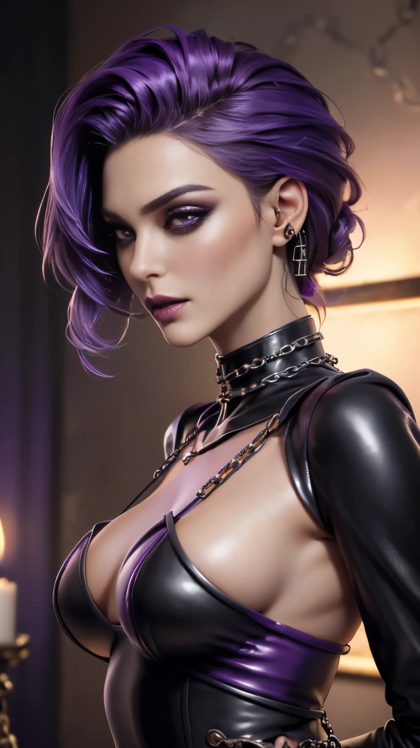 photo of celebrity, RAW, beautiful woman, ((portrait)), ((detailed face, colorful rainbow hair:1.2)), ((detailed facial feature, detailed skin, clear skin, parted lips), (perfect proportioned body, medium breasts, side boob), ( wearing a domineering mistress outfit, dressed entirely in shiny leather, purple eyeshadow, dark makeup: 1.5)), (high detailed dark bedroom lit by candles, walls, decorated with chains and whips: 1.3), (side profile, looking at camera: 1.25), (, realistic photo, best quality, detailed), (8k wallpaper), (cinematic lighting, dramatic lighting) (sharp focus, intricate)