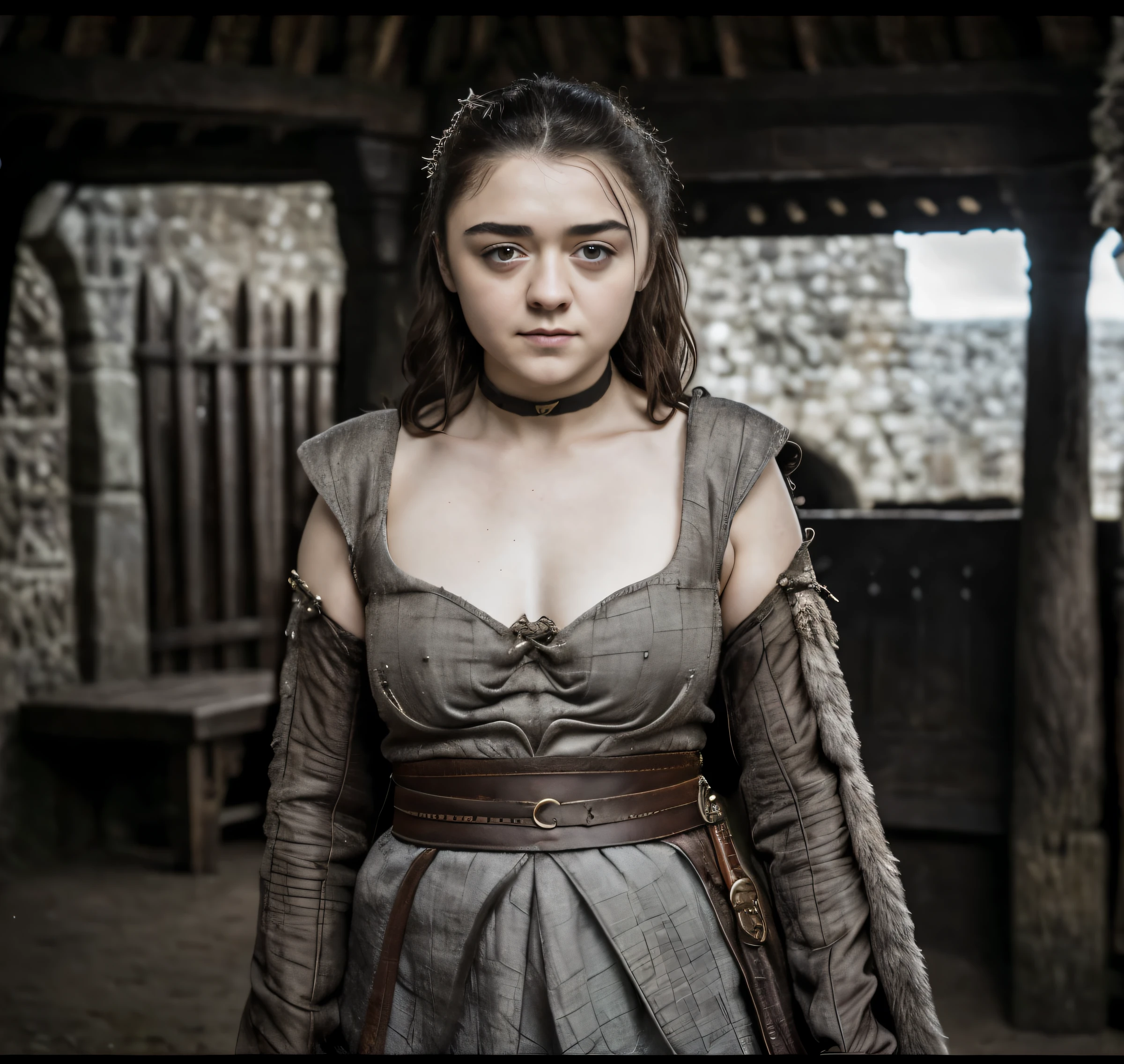Foto RAW, RAW photograph of Maisie Williams, Arya Stark, Extremely gorgeous lady, Arya Stark PLAYED BY MAISIE WILLIAMS, Queen Arya Stark, she  a mature woman now, milf, sexy mediaeval battle dress, gladiator woman, body, 40 years old Woman,styled hair, fantasy movie character, body revealing costumes, perky breast, skin pores, big natural breast, erotic costumes, lusty physique, seductive figure can capture every people's attention, Game of thrones costumes, revealing captivating figure, Mediaeval costumes, revealing clothes, A tomboy, she would rather fence than dance, warrior queen , game of thrones screen caps, Game of Thrones Series, (pele altamente detalhada: 1.2), 8k UHD, DSLR, soft-lighting, alta qualidade, grain of film, Fujifilm XT3, flawless picture, highly detailed, detailed Beauty, intricate, 32k, sharp picture,