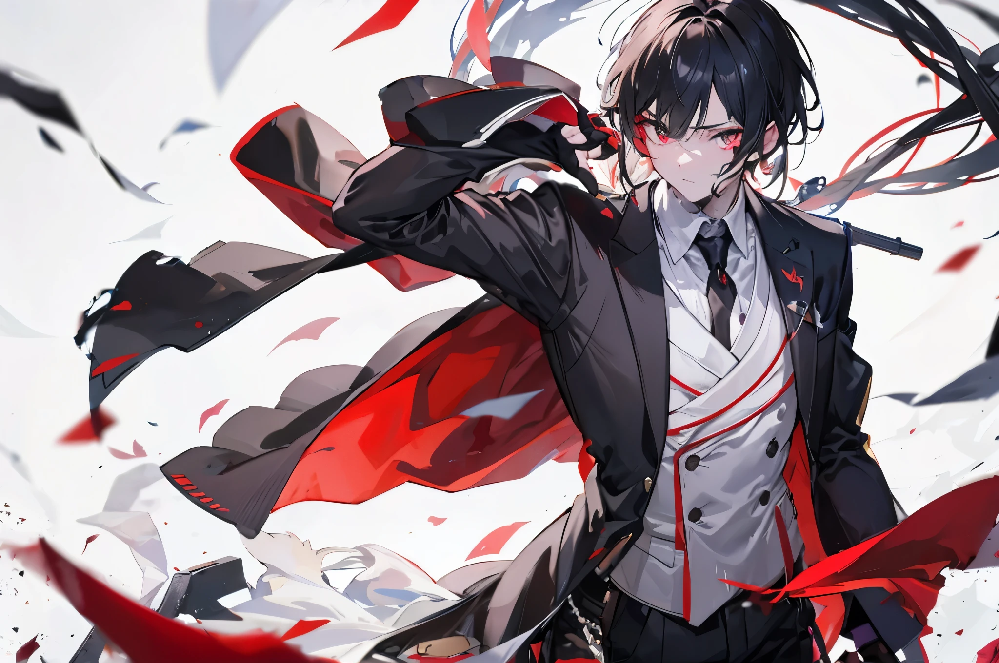 honkai: star rail, blade (honkai: star rail), long black hair, 1boy, cruel face, bandaged hand, bandages, black sleeves, blood, chinese clothes, chest sarashi, grey pants, hair over one eye, long hair, long sleeves, male focus, pants, parted bangs, simple background, solo, standing, upper body, hair ornament, butterfly hair ornament,earrings
