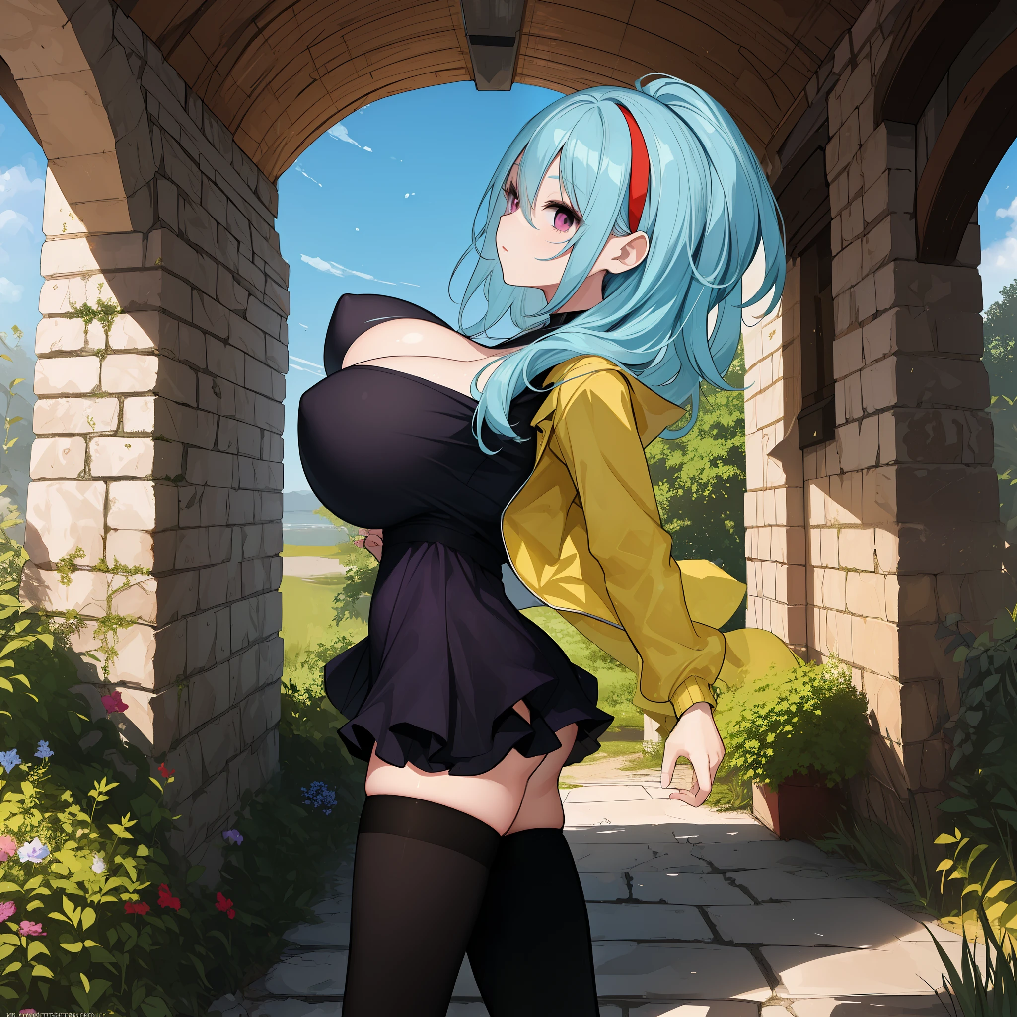 1 skinny girl, solo, light blue hair, side face, BREAK, red headband, BREAK, (dark purple eye:1.4), bending back, looking at viewer, BREAK, black plunging neckline short dress, dark yellow cropped jacket, black thighhighs, BREAK, (bouncing unaligned long huge breasts:1.5), very short torso, (inconceivably narrow waist), thin long legs, BREAK, (show off crotch:1.4), BREAK, strong wind, (slipping hip)