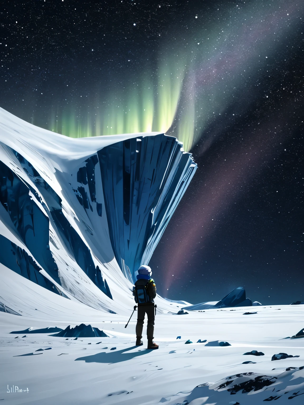 Picture an adventurer standing on the edge of a crystalline plateau in a surreal, alien landscape. The ground is covered in iridescent minerals, each representing a different branch of geology. The dark sky overhead is ablaze with auroras, revealing the intricate layers of the atmosphere. The explorer's outstretched hand brushes against a floating droplet of liquid, embodying the study of the physical properties of matter in an extraterrestrial environment.