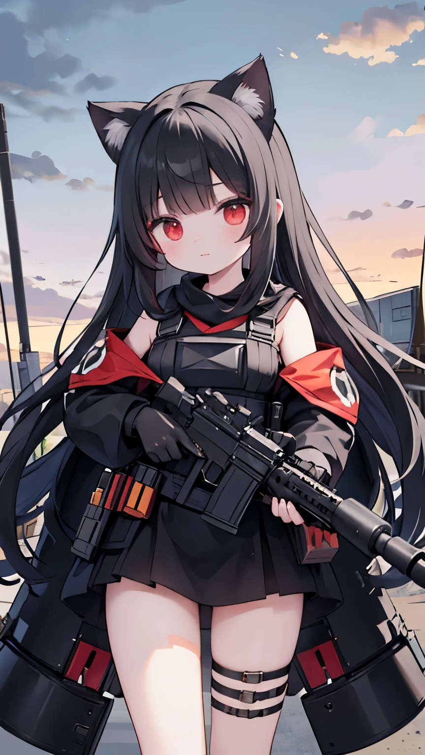 long black hair,Cat-eared girl,red eyes,Tactical bomb hanging,Heavy body armor,Handheld heavy thermal weapon,Complete character in the middle