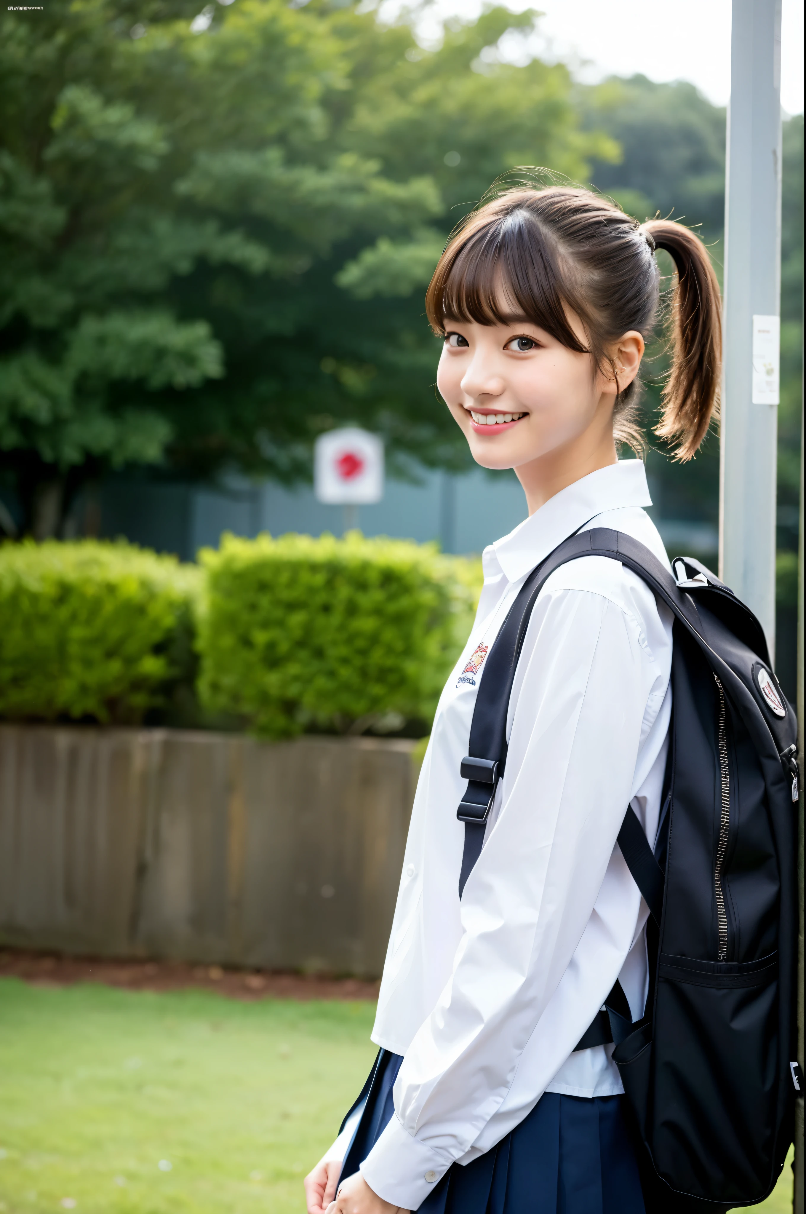 girl near the bus stop,a stopped bus,long sleeve school uniform,school bag,18-year-old,bangs,a little smile,thighs,short cut hair,low ponytail,from below,front light