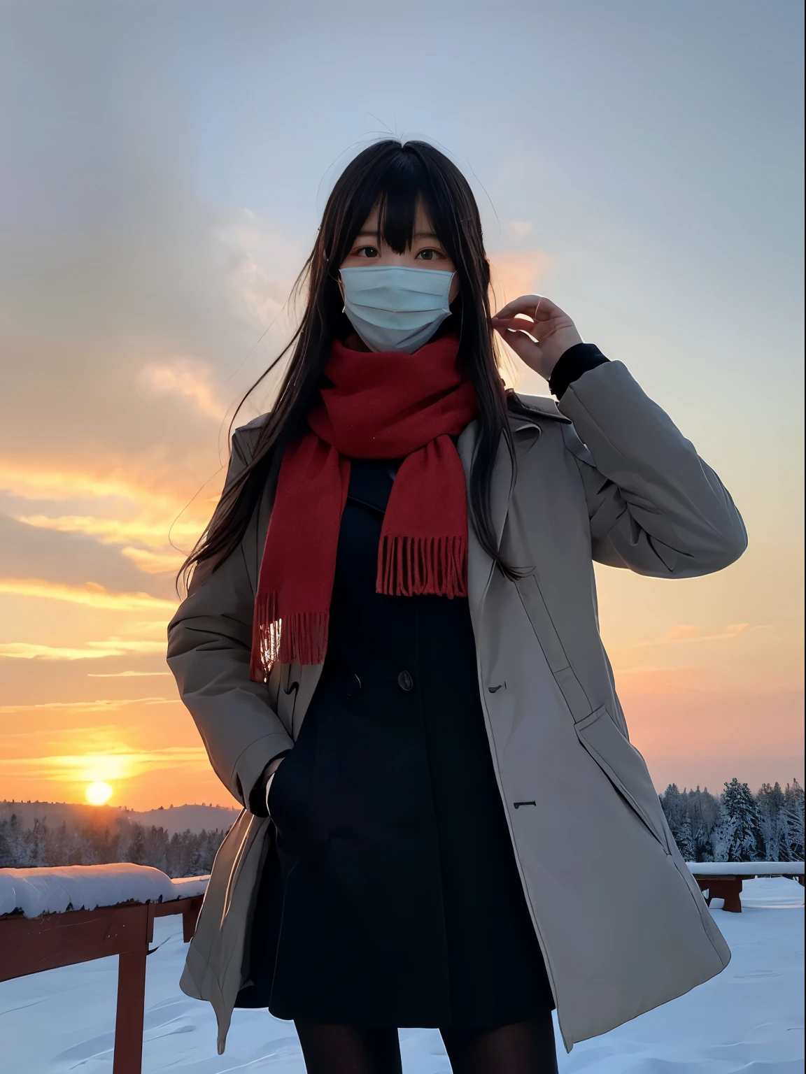 (Dressed in winter uniform with winter coat and scarf、Slender girl with long hair with blunt bangs :1.5)、smiling girl:1.5)、Scarf、light shines on your face、(Girl's hair fluttering in the wind:1.5)、(Beautiful snowy sunset red sky:1.5)、(no mask:1.3)、(full finger:1.3)、realistic、High resolution, delicate and beautiful、perfect face、detailed and beautiful eyes、Fair skin、real human skin、pores、((thin legs))、(black hair)、Stylish and beautiful legs、bright、High luminosity、black tights、slender beautiful legs,