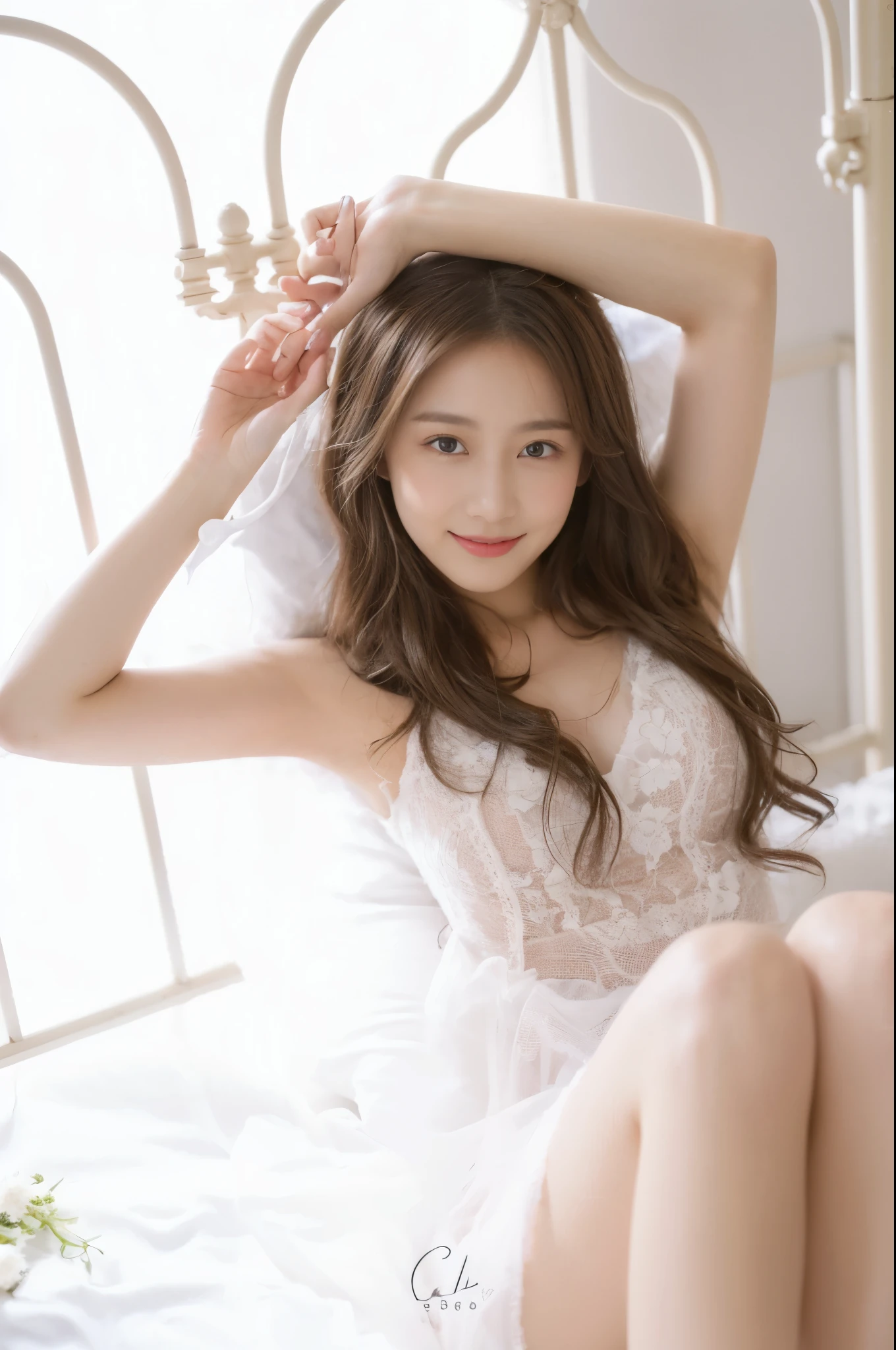 A beautyful girl,Lie flat on the bed, Long flowing hair, Feminine eyes, White Skin Skin,Wearing a white silk tulle nightdress,Feminine smiled and looked at the camera,The background is the bed,Take photos from above