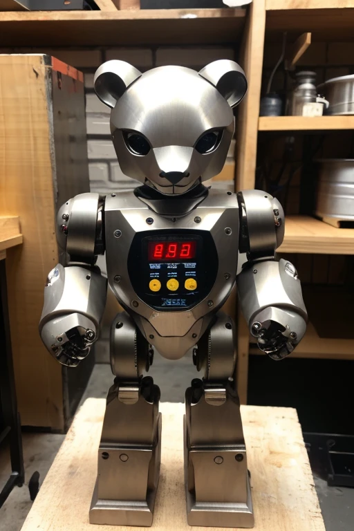 ((highest quality)), ((masterpiece)), (be familiar with),Robot bear,Precisely machined and metal-worked,It is kept on the workbench in the workshop.