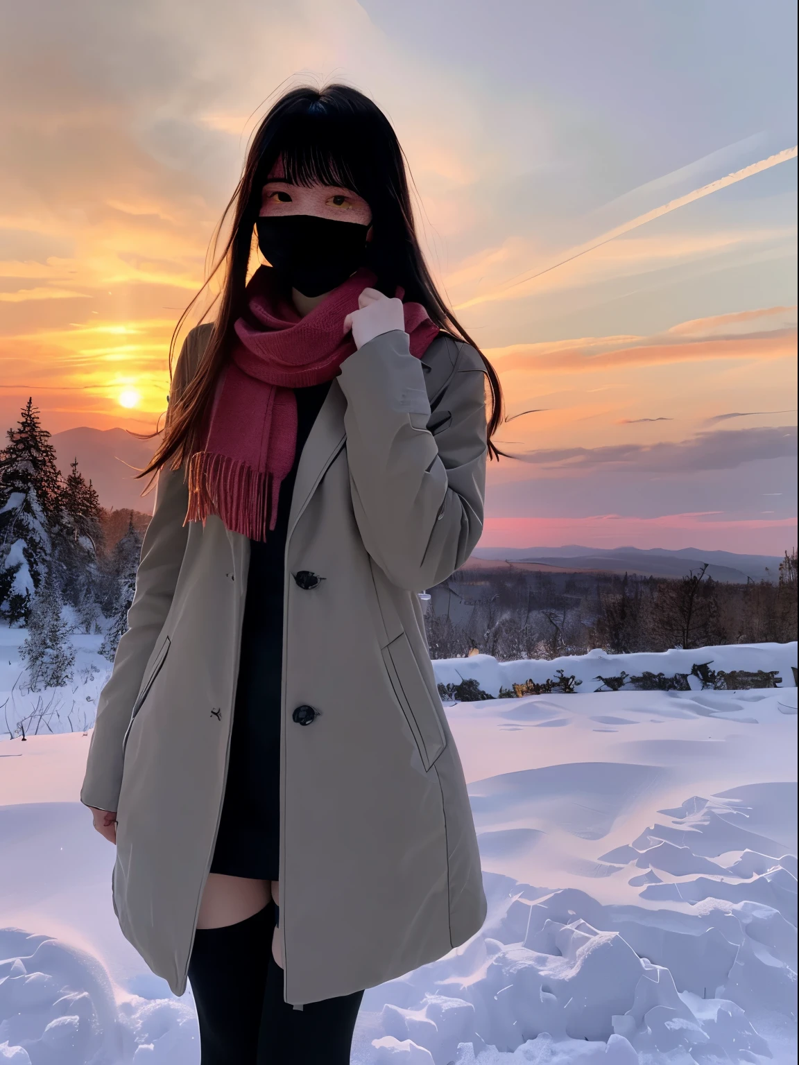(Dressed in winter uniform with winter coat and scarf、Slender girl with long hair with blunt bangs :1.5)、smiling girl:1.5)、Scarf、light shines on your face、(Girl's hair fluttering in the wind:1.5)、(Beautiful snowy sunset red sky:1.5)、(no mask:1.3)、(full finger:1.3)、realistic、High resolution, delicate and beautiful、perfect face、detailed and beautiful eyes、Fair skin、real human skin、pores、((thin legs))、(black hair)、Stylish and beautiful legs、bright、High luminosity、black tights、slender beautiful legs、Full body figure