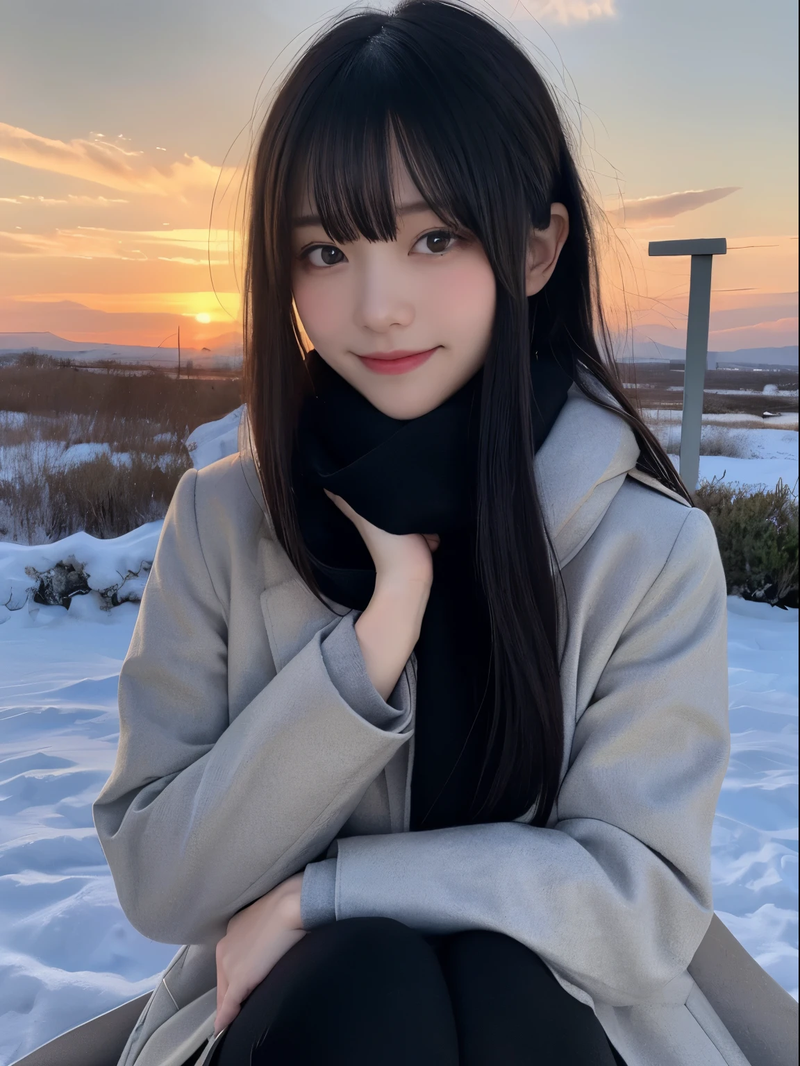 (Dressed in winter uniform with winter coat and scarf、Slender girl with long hair with blunt bangs :1.5)、smiling girl:1.5)、Scarf、light shines on your face、(Girl's hair fluttering in the wind:1.5)、(Beautiful snowy sunset red sky:1.5)、(no mask:1.3)、(full finger:1.3)、realistic、High resolution, delicate and beautiful、perfect face、detailed and beautiful eyes、Fair skin、real human skin、pores、((thin legs))、(black hair)、Stylish and beautiful legs、bright、High luminosity、black tights、slender beautiful legs,