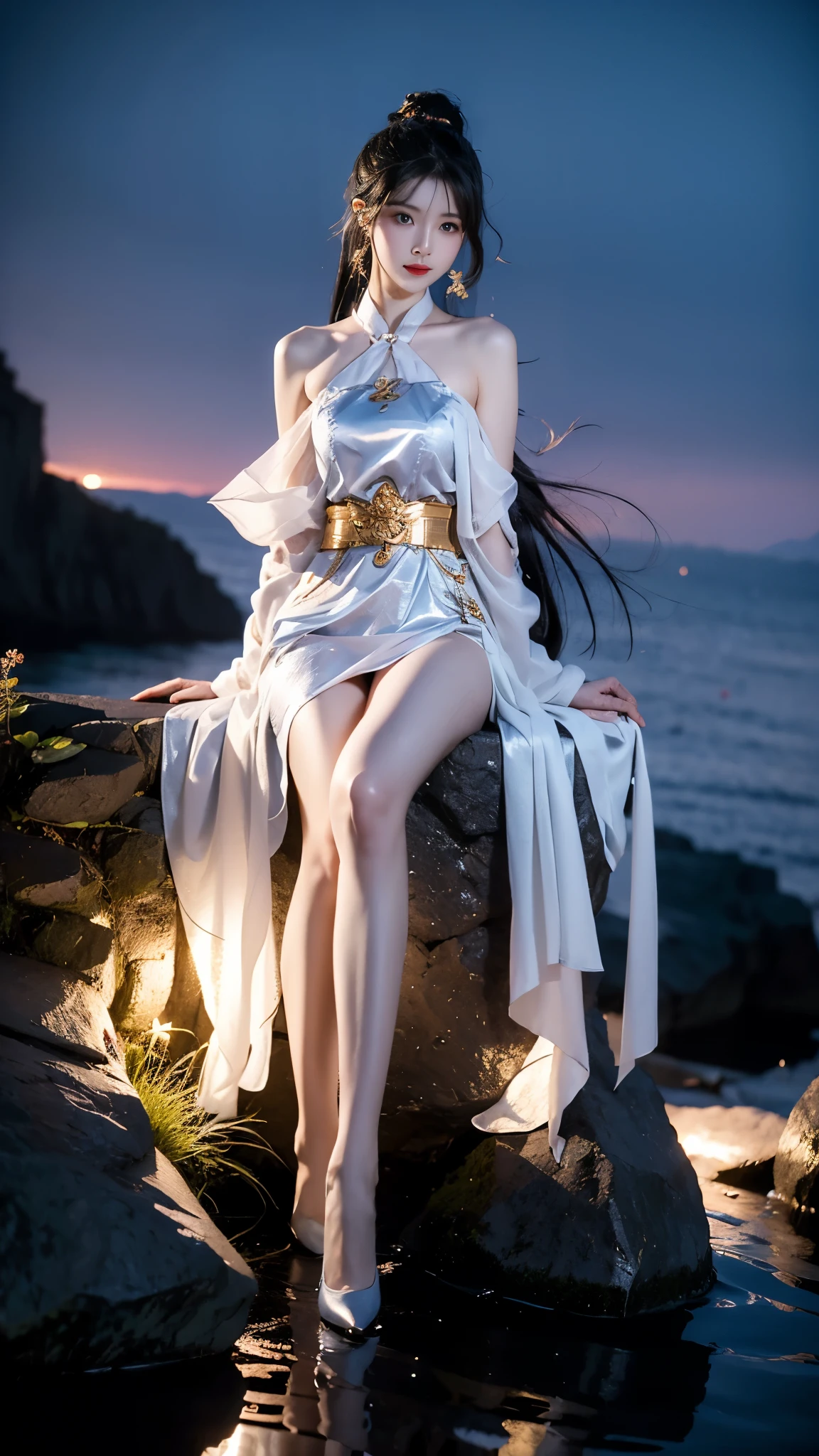 yinziping,china dresasterpiece, best quality:1.2), 1girl, solo, ((gufeng,bare shoulders)), at the hilltop,Moonlight,((night)), ((full body)), ((from below)), ((sitting position, sitting at the edge of a cliff)), figure of heroine,Slender sexy legs,very beautiful legs,Leaking sexy legs,Big breasts,beauty, mystery。脸庞beauty精致,Otherworldly beauty。The bridge of the nose is straight,Lip color like cherry,Confident and calm。face chiseled,Skin as fair as jade,Makeup is light and delicate,Show her temperament and charm。Light foundation, Transparency of skin,perfect eyebrow shape,eye makeup,eye shadow,Eyeliner,Eyes are brighter and more energetic。涂上grace的口红,Charm and sophistication。衣服grace别致,Clothes flutter,Blown up by the wind,drifting into the distance。grace,Swinging action。Hair tied haphazardly behind the head,Secure it with a hosta,Strands of hair flutter gently in the wind,一道beauty的风景线,Attract attention。beauty、grace、mystery