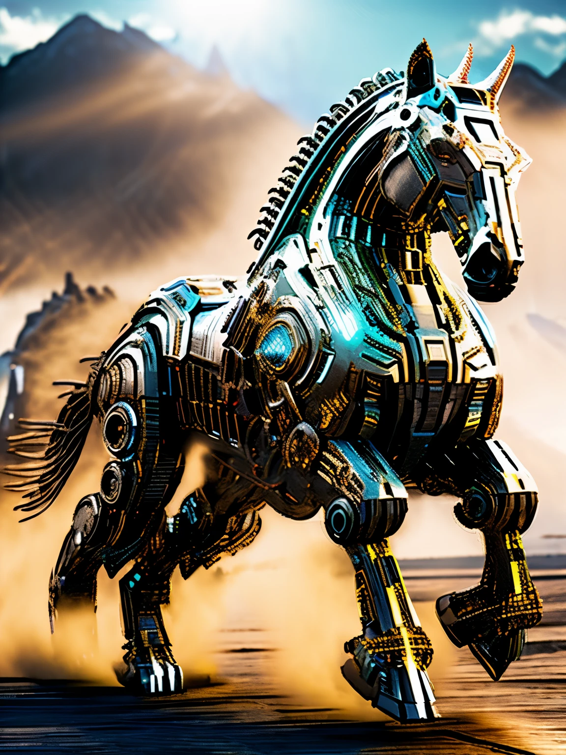 (a herd of robotic horses running across a field), animalbots, ((photo realistic)), hyper realistic group of mechanical horses, futuristic mustangs, masterpiece, (skyshot looking down at a herd of mechanical horses running)