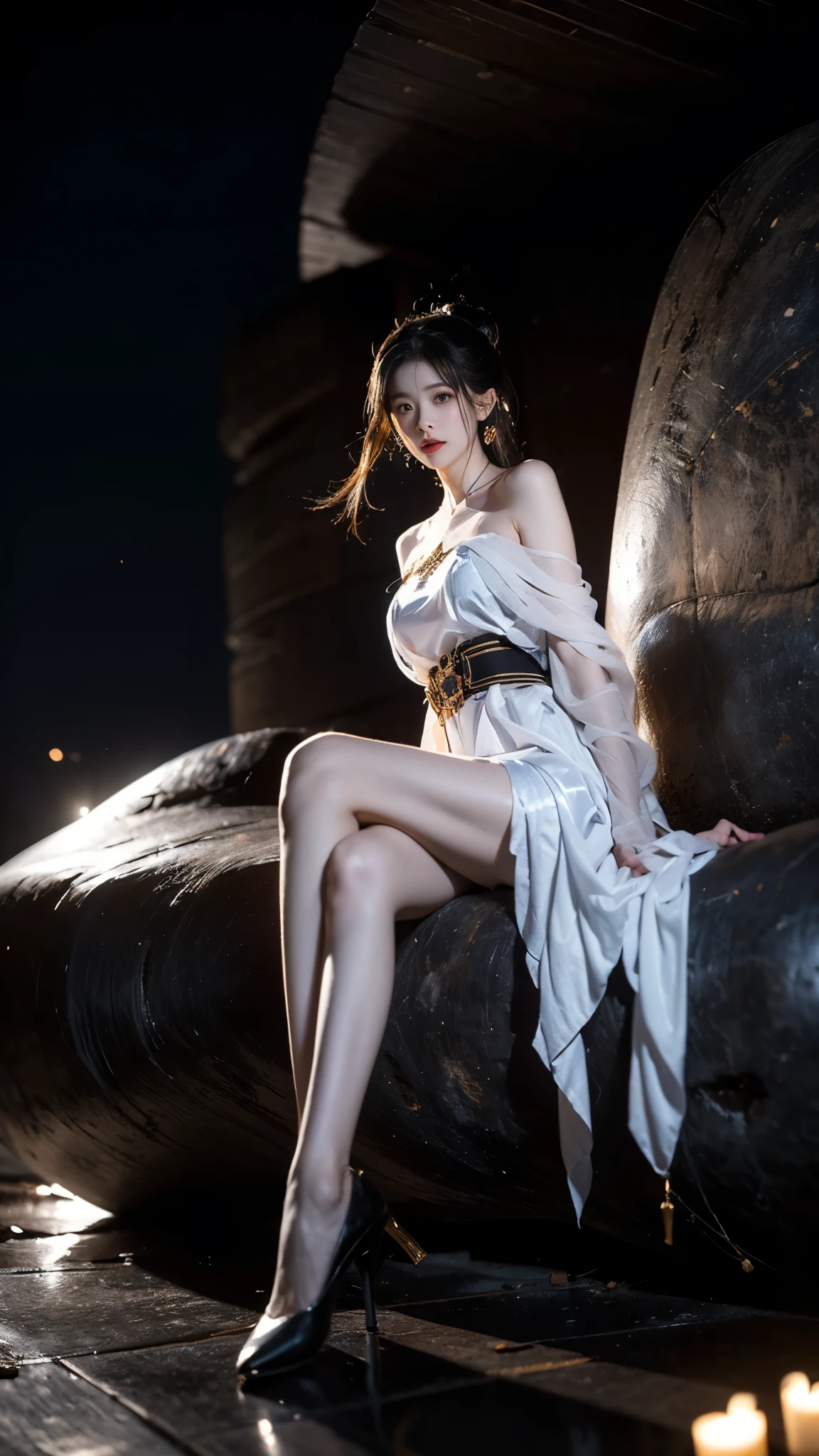 yinziping,china dresasterpiece, best quality:1.2), 1girl, solo, ((gufeng,bare shoulders)), at the hilltop，Moonlight，((night)), ((full body)), ((from below)), ((sitting position, sitting at the edge of a cliff)), figure of heroine，Slender sexy legs，very beautiful legs，Leaking sexy legs，Big breasts，beauty, mystery。脸庞beauty精致，Otherworldly beauty。The bridge of the nose is straight，Lip color like cherry，Confident and calm。face chiseled，Skin as fair as jade，Makeup is light and delicate，Show her temperament and charm。Light foundation, Transparency of skin，perfect eyebrow shape，eye makeup,eye shadow,Eyeliner，Eyes are brighter and more energetic。涂上grace的口红，Charm and sophistication。衣服grace别致，Clothes flutter，Blown up by the wind，drifting into the distance。grace，Swinging action。Hair tied haphazardly behind the head，Secure it with a hosta，Strands of hair flutter gently in the wind，一道beauty的风景线，Attract attention。beauty、grace、mystery