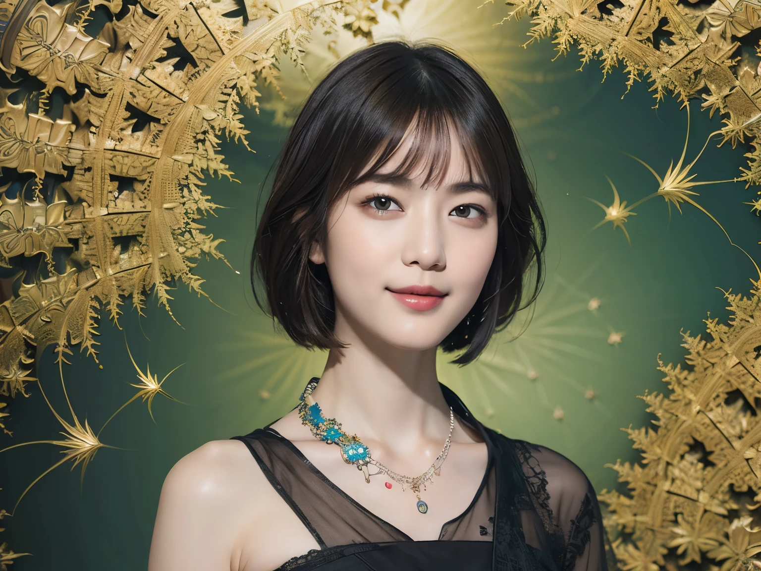 172
Shorthair, a 20 yo woman, gentle smile, abstract, (entangle:1.2), (background is fractal design:1.46)