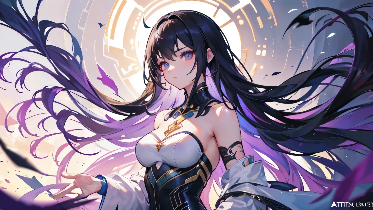 Sozinha, 1 mulher, Foco feminino, android, obra de arte, alta qualidade, a cidade cyberpunk ao fundo, SSCI - FI, fantasia, intricado, muito bonita, elegante, luz neon, altamente detalhado, pintura digital, art station, arte conceitual, anatomia humana, Luz suave, suave, illustration, por tian zi e artgerm e greg rutkowski e alphonse mucha e loish e WLOP