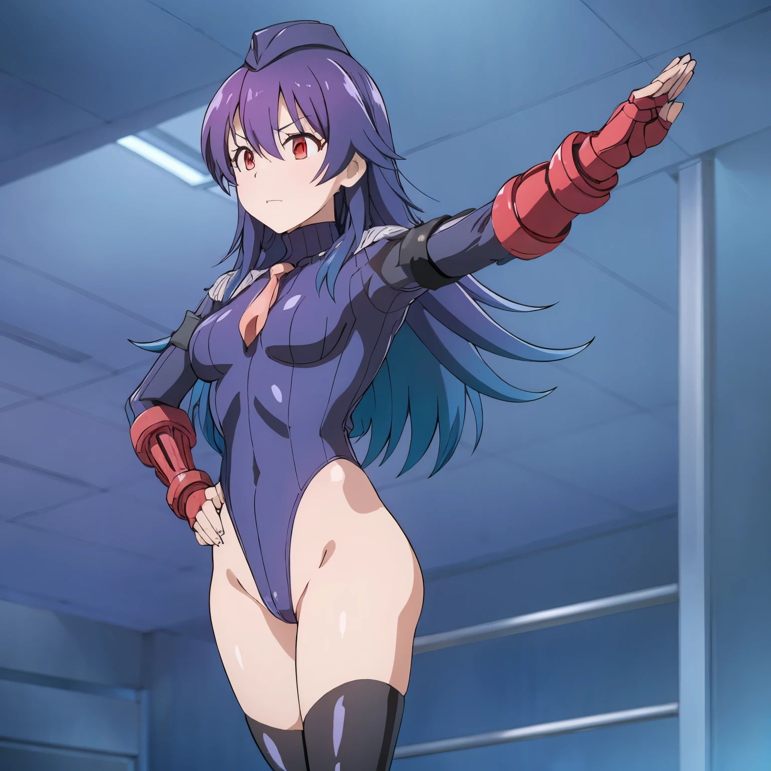 ultra-detailed, Explicit, Beautiful body, Beautiful Nose, Beautiful character design, perfect eyes, perfect face, ultra highres, 4K, beautiful legs, perfect legs, Nice hands, Perfect hand, Masterpiece, Best Quality, Highly detailed, illustration, absurdres, perfect anatomy, street fighter, doll suit, shadaloo doll, dollsuit, expressionless, blank eyes, looking at viewer, red gloves, emotionless, black latex, corrution, mind control, female combatant, full body, hypnotized, unhappy trance, full body suit, ribbed bodysuit, both arms at side, obey, perfect female body, extremely glossy latex, hypnosis, hypnoLora, empty eyes, Mind control device, poses, submissive_pose, Slave, standing straight, standing, standing at attention, hat, necktie, belt, latex, ribbed bodysuit, thighhighs, garter belt, Fighting Stance, extending the right arm from the shoulder into the air with a straightened hand, military, thigh boots, 1girl, hair ornaments, (((pixel-perfect, detail-perfect))), solo, Umika Konohoshi, blue hair, long hair, red eyes, small breasts, Hoshikuzu Telepath