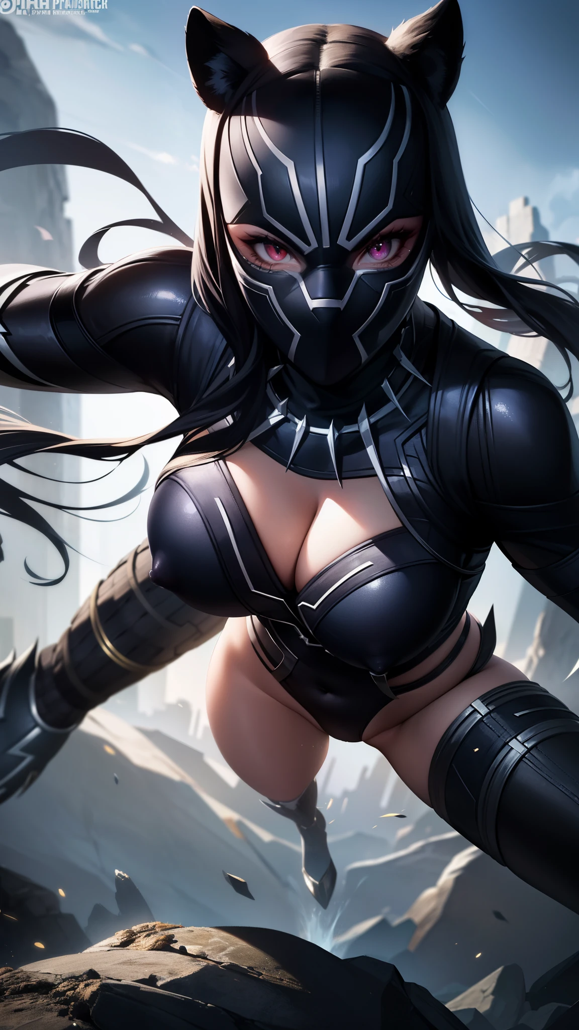 (Marvel's Black Panther, based on the costumes from the Marvel films), (work of art), (ultra detailed), cinematic, (8k resolution), (extremely detailed and technological), Abstract expressionist painting "Hyperion", Black Panther Goddess , technological armor, swimsuit armor showing pussy, epic technological image, epic posture, legendary, crouched posture with hands on the ground, flexible body, legs spread sexy. dark environment, digital painting, concept art portrait of the character, (sexy female body with curves, ((face completely covered black panther)), eyes shining with energy, impressive cleavage, very open, (extremely long and beautiful natural breasts, big, breasts popping out of the cleavage, dark nipples showing), Get close to emphasize the beautiful cleavage, close-up on the sagging breasts), the most beautiful and sexiest character of all.