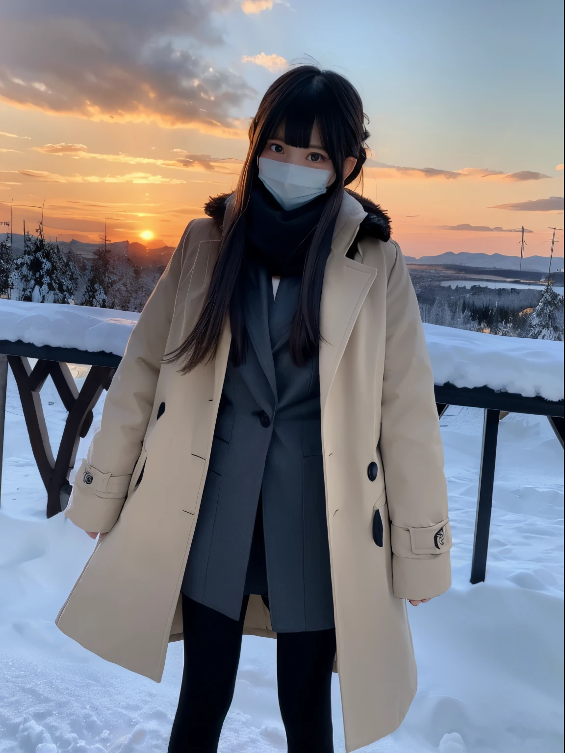 (Dressed in winter uniform with winter coat and scarf、Slender girl with long hair with blunt bangs :1.5)、smiling girl:1.5)、Scarf、light shines on your face、(Girl's hair fluttering in the wind:1.5)、(Beautiful snowy sunset red sky:1.5)、(no mask:1.3)、(full finger:1.3)、realistic、High resolution, delicate and beautiful、perfect face、detailed and beautiful eyes、Fair skin、real human skin、pores、((thin legs))、(black hair)、Stylish and beautiful legs、bright、High luminosity、black tights、slender beautiful legs,