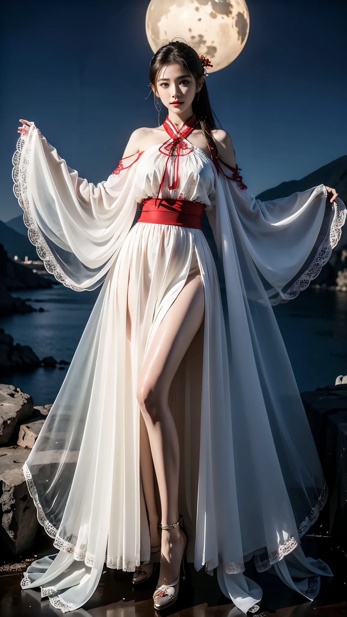 hanfu, (masterpiece, best quality:1.2), 1girl, solo, ((gufeng,bare shoulders)), at the hilltop，Moonlight，((night)), ((full body)), ((from below)), ((sitting position, sitting at the edge of a cliff)), figure of heroine，Slender sexy legs，very beautiful legs，Leaking sexy legs，Big breasts，beauty, mystery。脸庞beauty精致，Otherworldly beauty。The bridge of the nose is straight，Lip color like cherry，Confident and calm。face chiseled，Skin as fair as jade，Makeup is light and delicate，Show her temperament and charm。Light foundation, Transparency of skin，perfect eyebrow shape，eye makeup,eye shadow,Eyeliner，Eyes are brighter and more energetic。涂上grace的口红，Charm and sophistication。衣服grace别致，Clothes flutter，Blown up by the wind，drifting into the distance。grace，Swinging action。Hair tied haphazardly behind the head，Secure it with a hosta，Strands of hair flutter gently in the wind，一道beauty的风景线，Attract attention。beauty、grace、mystery