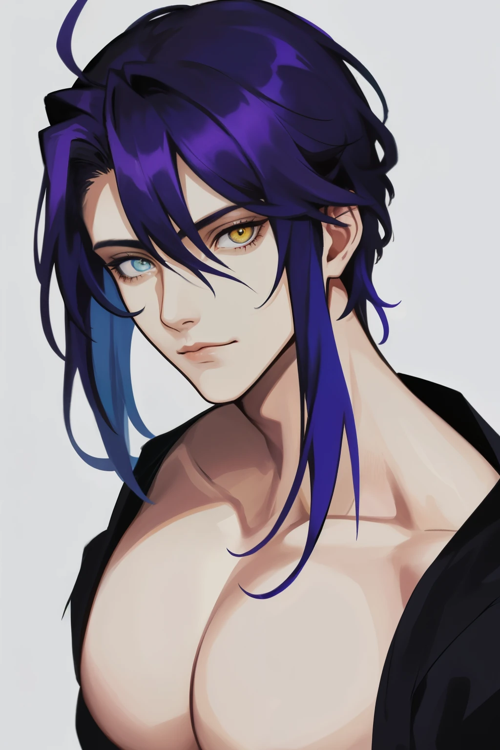 Obra maestra, Mejor calidad, realista, 1 hombre, enfoque masculino,  muscular, sin camiseta,[cejas gruesas], retrato, cara extremadamente detallada, pelo  morado, ojos de color rosa,(cabello corto)