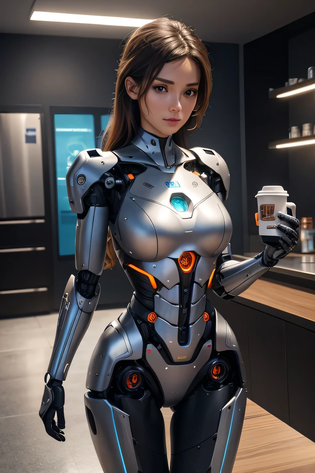 Female robot drinking coffee in the break room　The whole body is made of a machine　relieved expression, Hmm, retina, masterpiece, Accurate, anatomically correct, rough skin, Super detailed, advanced details, high quality, Awards, 最high quality, High resolution