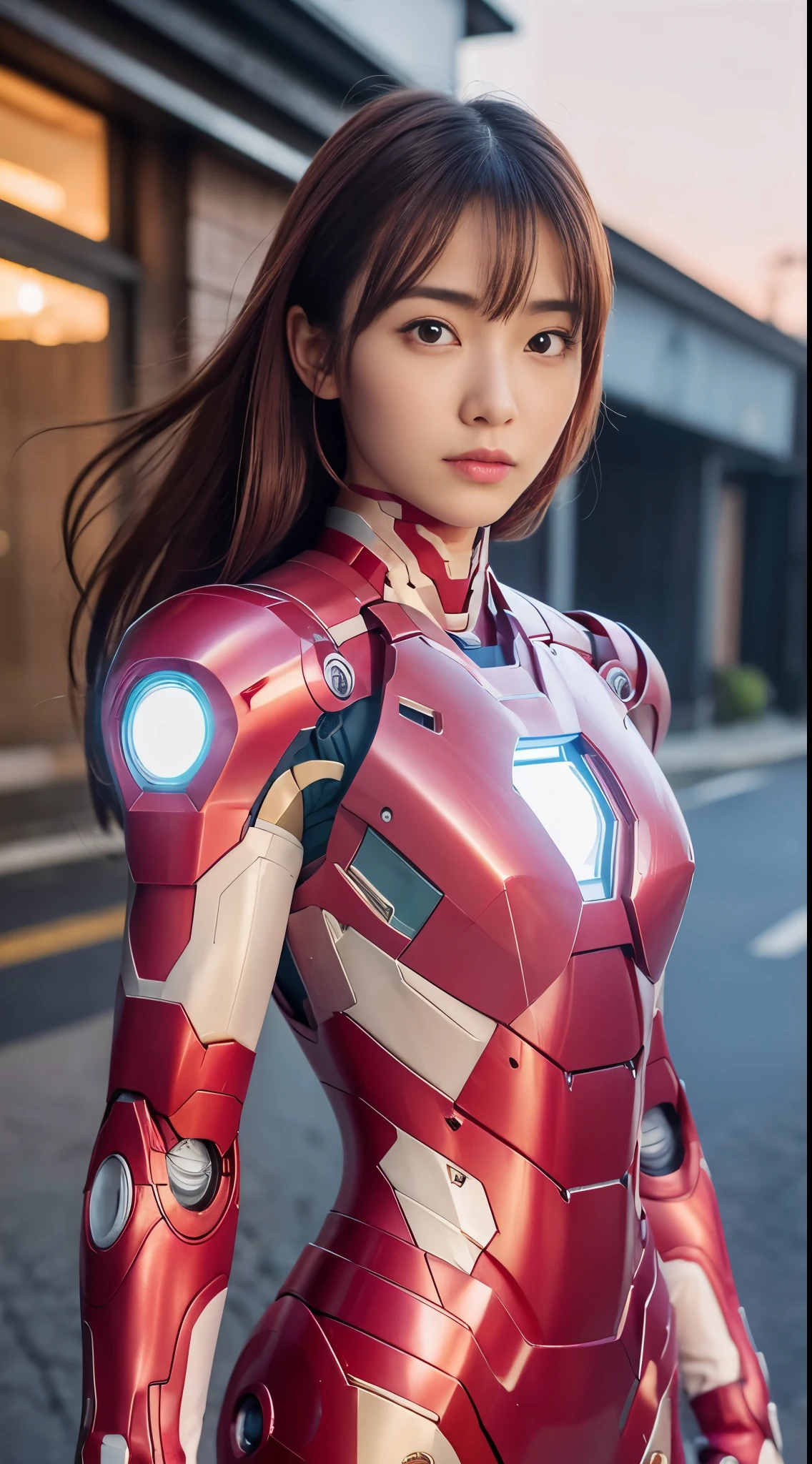 masterpiece、highest quality、超A high resolution、(Photoreal)、Raw photo、(Every time :1.2)、(Portrait)、surreal、
1 Japanese women, (22 years old), cute, cute,table top, highest quality, very detailed,very accurate,
1 girl,((Covers the whole body,gloves)),off shoulder((pink iron man suit,detailed iron man suit,pink and white iron man suit,evangelion style,plug suit),(luster))),  brown haired:1.3,Distant eyes:2.0,Solid eye makeup:1.5,big and full breasts:1.3,Big eyes:1.5,Autumn leaves fall,bright full moon,moonlight,street corner,Pink and red interpolated colors