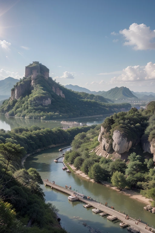 ((best quality)), ((masterpiece)), (detailed), Chinese wind mountain, river, Xiangyun, exhibition hall, Sunlight, masterpiece, Ultra-detailed, epic work, ultra high definition, high quality, Very detailed, official art, unified 8k wallpaper, Ultra-detailed, 32k