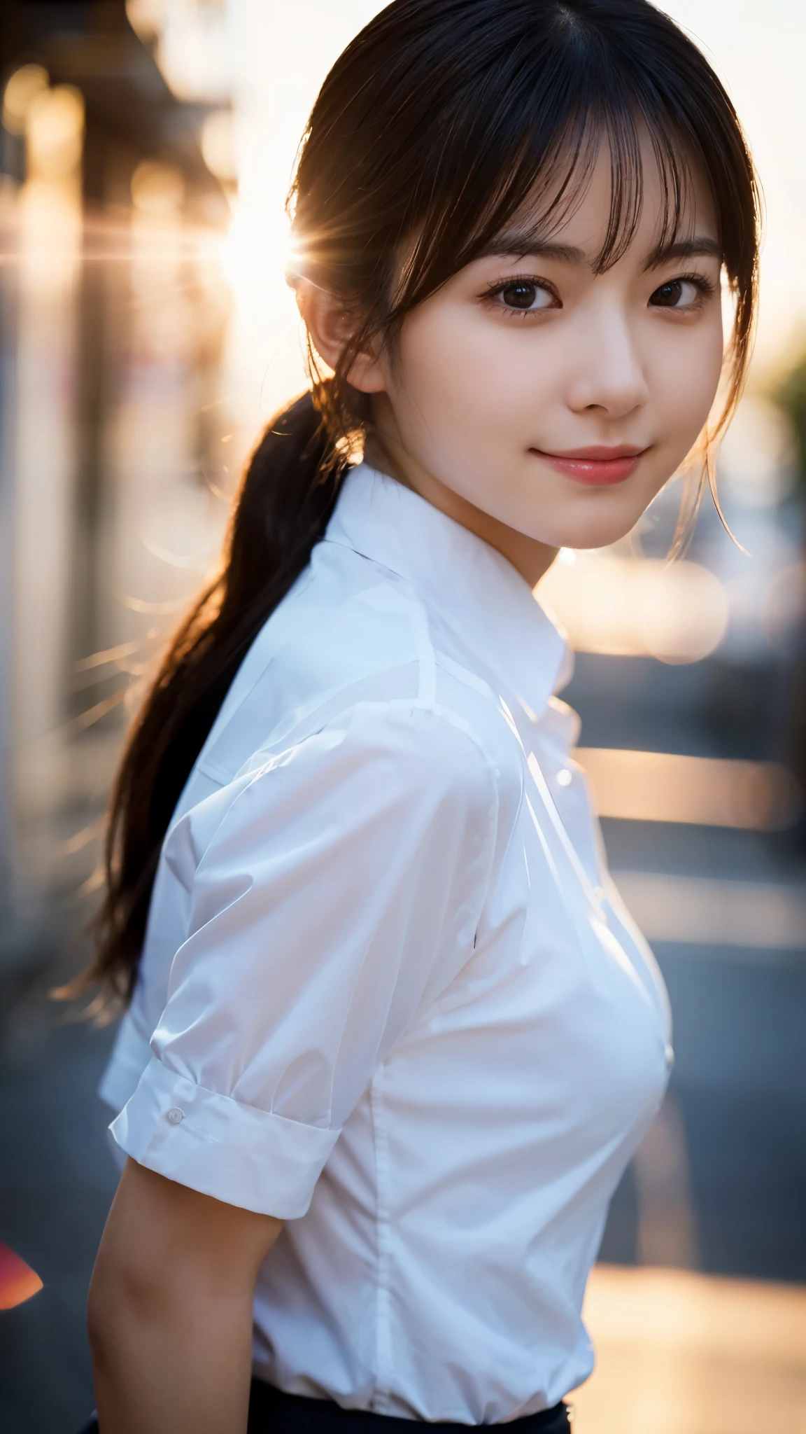 (highest quality,masterpiece:1.3,ultra high resolution),(Super detailed,caustics,8k),(photorealistic:1.4,RAW shooting),1 girl,(smile and look down at the camera),(front shot:1.1),(face forward),18-year-old,cute,Japanese,black short ponytail,school uniform,glamorous,(big boobs),( close up),(breast focus),street,sunshine,Natural light,(Backlight),(A bright light shines from behind),(Lens flare),professional writing,(cowboy shot),(low position:1.2),(Low - Angle:1.2)