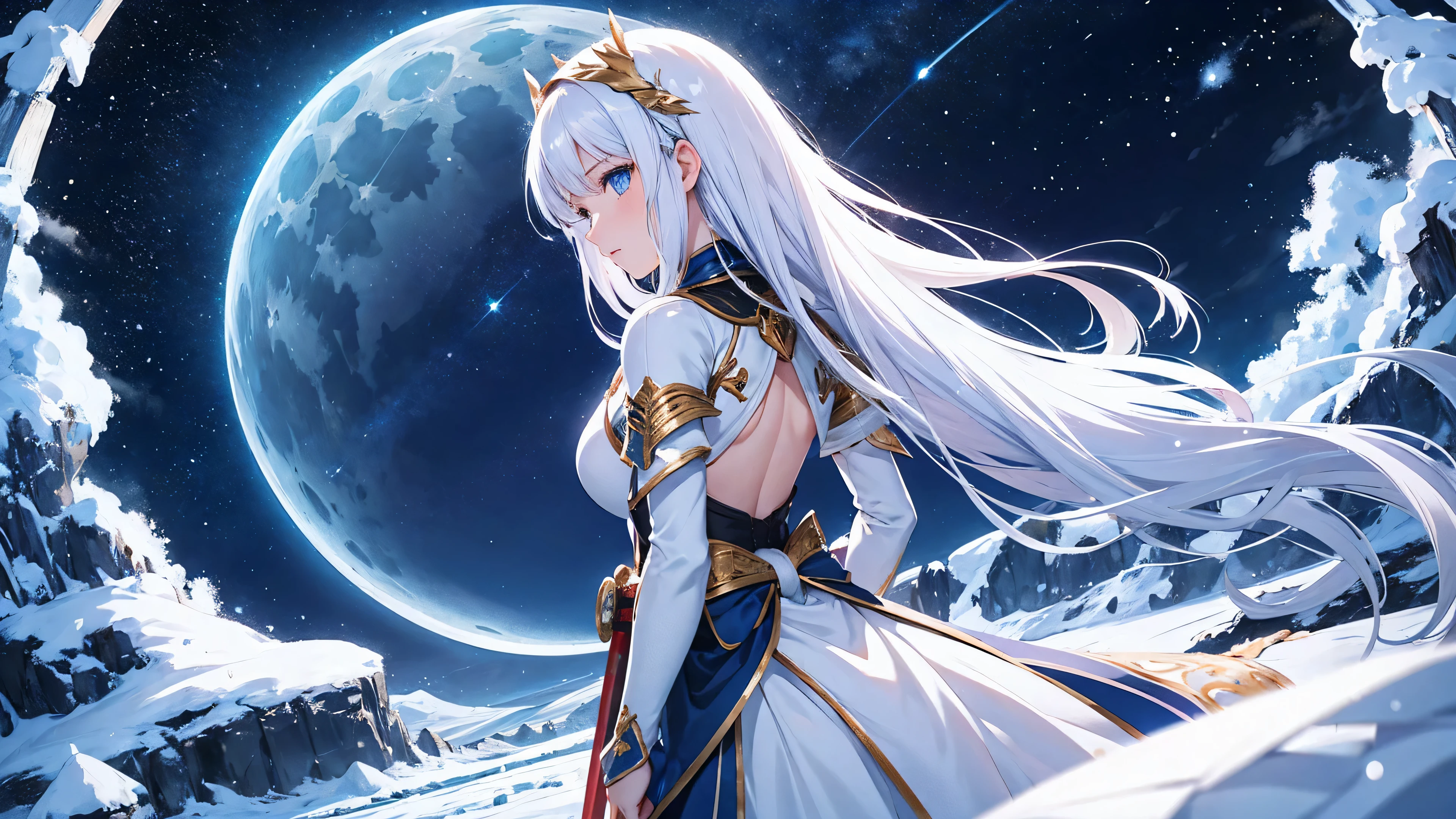 1 girl, long hair, white armor, an angel, The Dragon, Blue eyes, blue tattoo, snow-white hair, katana, Beautiful night sky, back view, girl looking at the moon, detailed image, Summer season, night, stars, bright moon