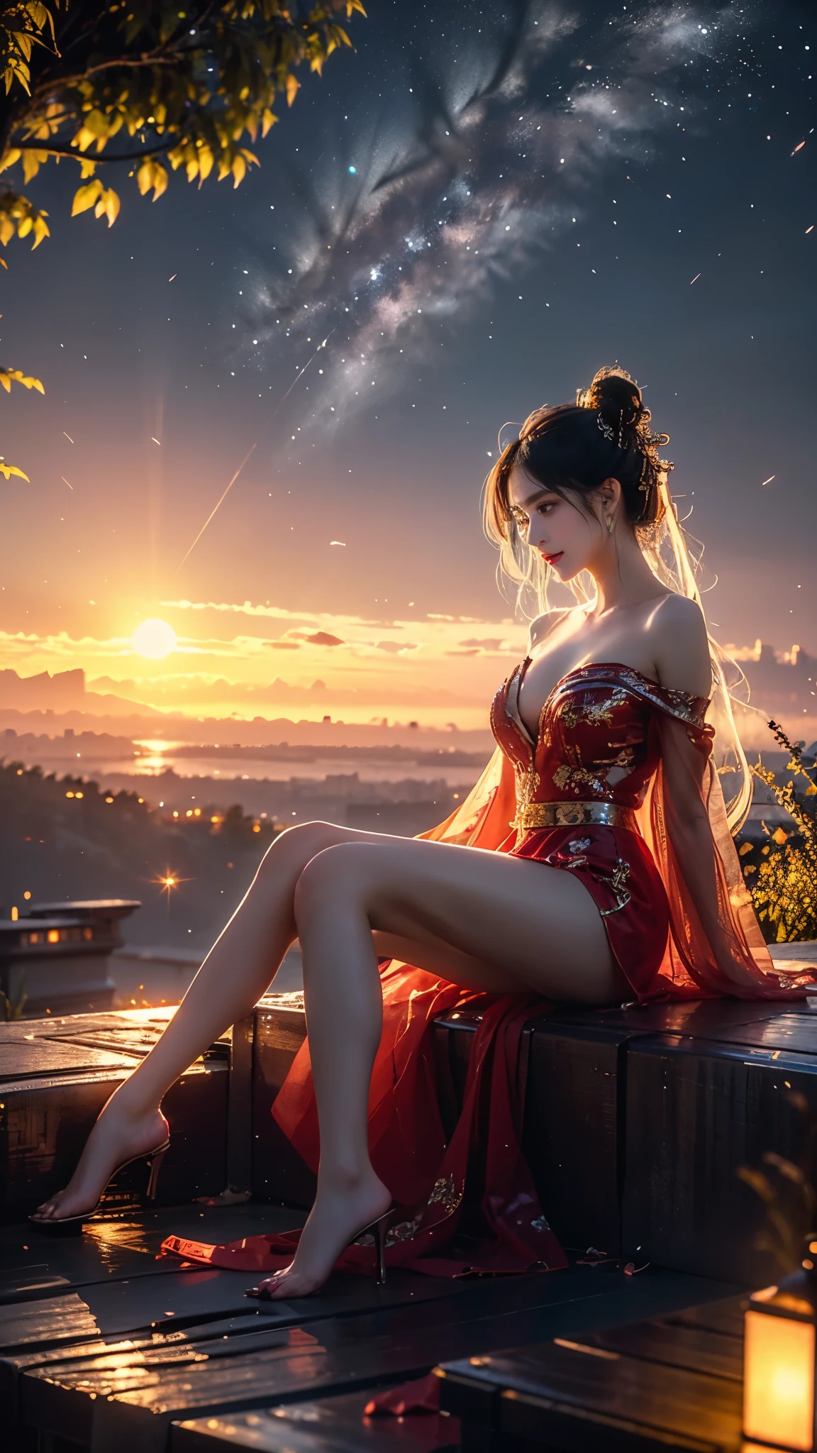AncheReddressgirl, (masterpiece, best quality:1.2), 1girl, solo, ((gufeng,bare shoulders)), at the hilltop,Moonlight,((night)), ((full body)), ((from below)), ((sitting position, sitting at the edge of a cliff)), figure of heroine,Slender sexy legs,very beautiful legs,Leaking sexy legs,Big breasts,beauty, mystery。脸庞beauty精致,Otherworldly beauty。The bridge of the nose is straight,Lip color like cherry,Confident and calm。face chiseled,Skin as fair as jade,Makeup is light and delicate,Show her temperament and charm。Light foundation, Transparency of skin,perfect eyebrow shape,eye makeup,eye shadow,Eyeliner,Eyes are brighter and more energetic。涂上grace的口红,Charm and sophistication。衣服grace别致,Clothes flutter,Blown up by the wind,drifting into the distance。grace,Swinging action。Hair tied haphazardly behind the head,Secure it with a hosta,Strands of hair flutter gently in the wind,一道beauty的风景线,Attract attention。beauty、grace、mystery