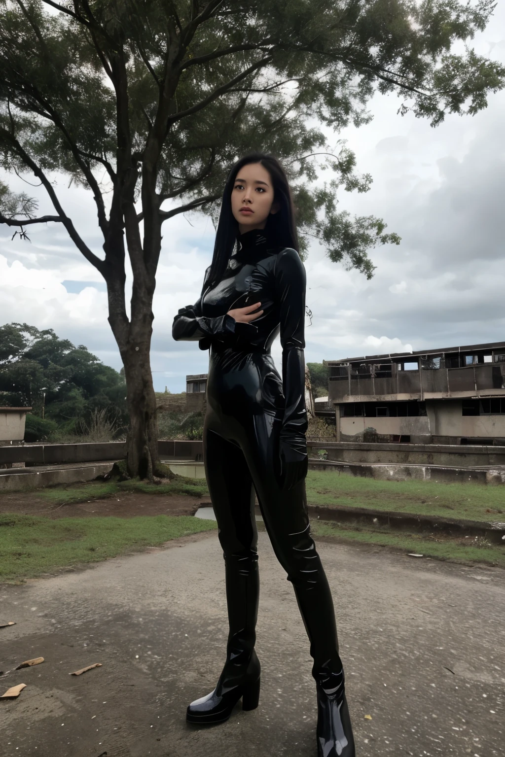 Thai Woman, look at viewer, long hair, black latex suit, boots, cloud, day, blue sky, outdoors, jungle, ruins, scenery, tree, water,