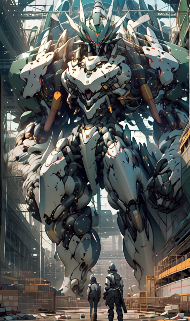 1 woman inside a huge bulky exoskeleton robot , ((bulky)) armor, Crystal Mecha, psychedelic details, 9 days,(urban war background), clean lines, negative space, high contrast, gradient color, (golden black),Show full body portrait , Best image quality, Perfect resolution