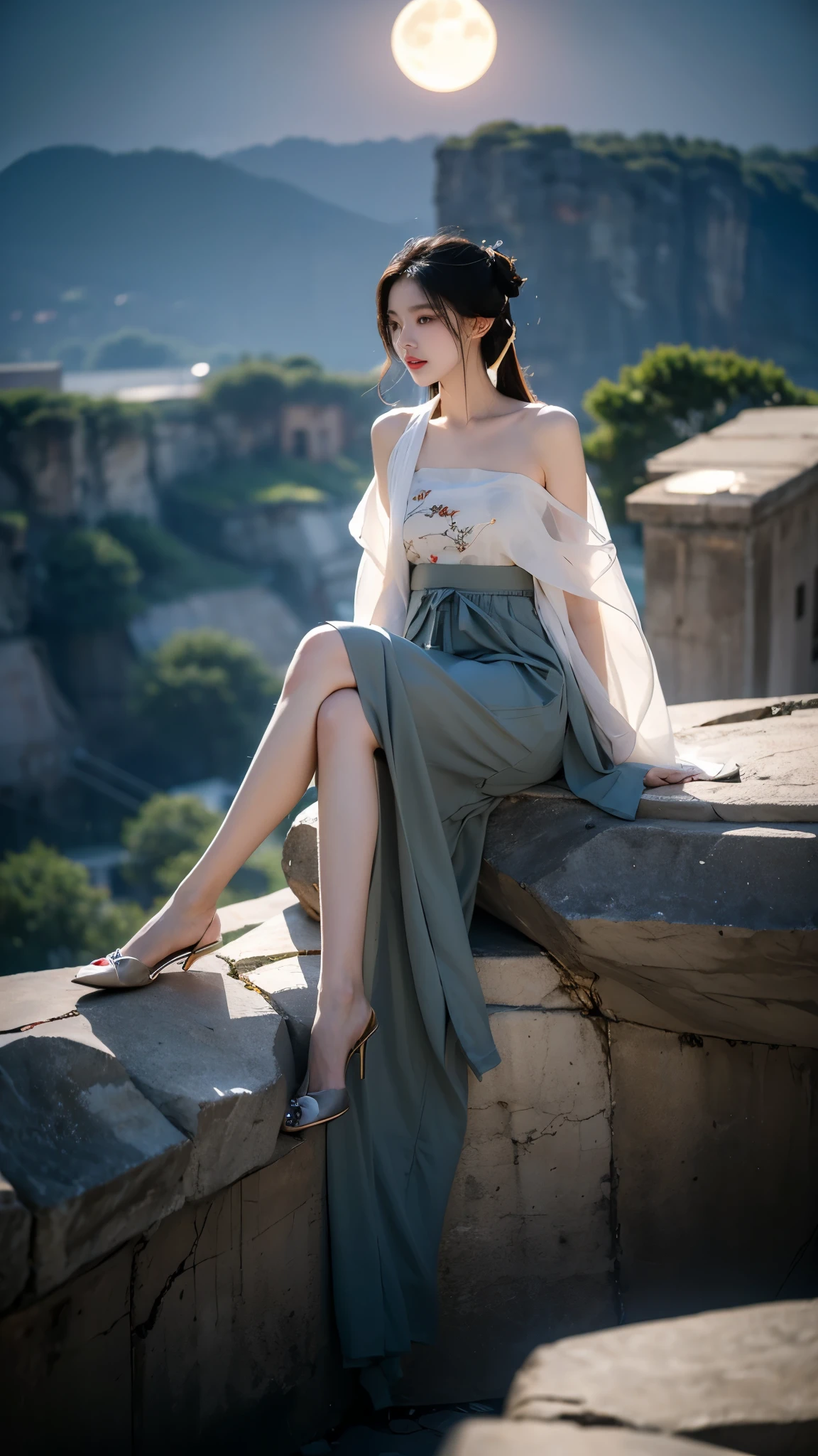 modern hanfu,collarbone,, (masterpiece, best quality:1.2), 1girl, solo, ((gufeng,bare shoulders)), at the hilltop，Moonlight，((night)), ((full body)), ((from below)), ((sitting position, sitting at the edge of a cliff)), figure of heroine，Slender sexy legs，very beautiful legs，Leaking sexy legs，Big breasts，beauty, mystery。脸庞beauty精致，Otherworldly beauty。The bridge of the nose is straight，Lip color like cherry，Confident and calm。face chiseled，Skin as fair as jade，Makeup is light and delicate，Show her temperament and charm。Light foundation, Transparency of skin，perfect eyebrow shape，eye makeup,eye shadow,Eyeliner，Eyes are brighter and more energetic。涂上grace的口红，Charm and sophistication。衣服grace别致，Clothes flutter，Blown up by the wind，drifting into the distance。grace，Swinging action。Hair tied haphazardly behind the head，Secure it with a hosta，Strands of hair flutter gently in the wind，一道beauty的风景线，Attract attention。beauty、grace、mystery