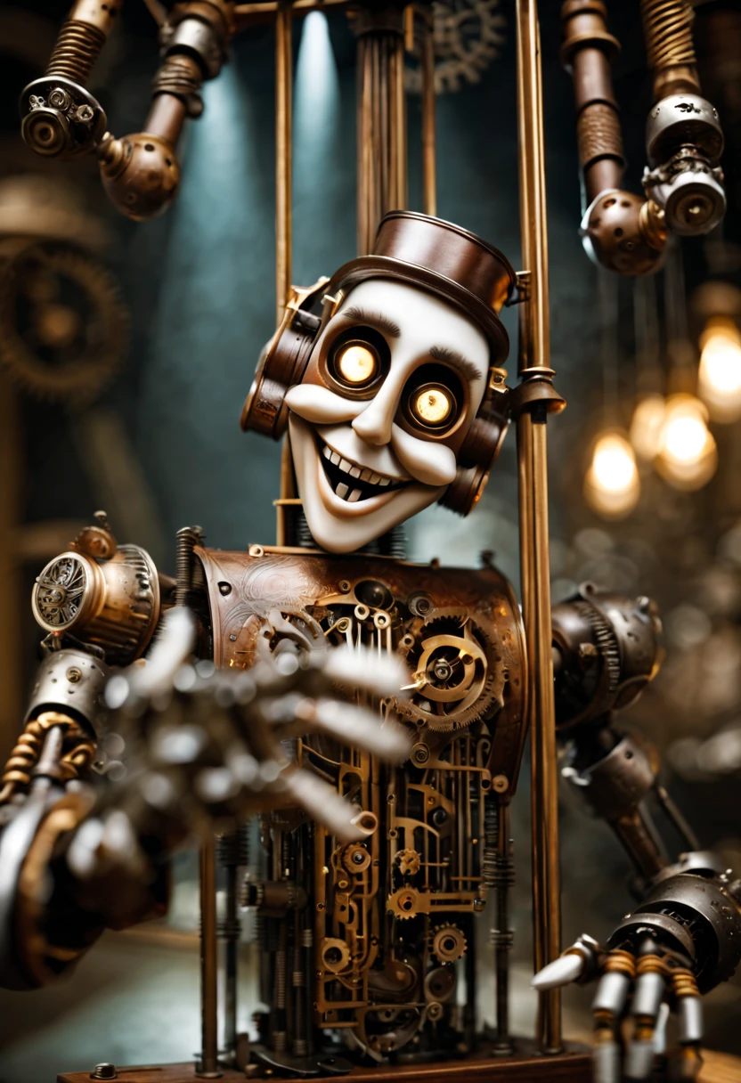 A captivating steampunk-inspired image of an exquisitely crafted mechanical puppet. The puppet's humanoid face, complete with piercing eyes and a wicked grin, is set against a backdrop of intricate gears, rods, and metal plates. Its hands are poised to make a grand gesture, revealing the delicate inner clockwork mechanisms that power its movements. The dimly lit, Victorian-style room, with a large moonlit window, serves as a perfect stage for this mechanical marvel, casting a chilling and enigmatic atmosphere.