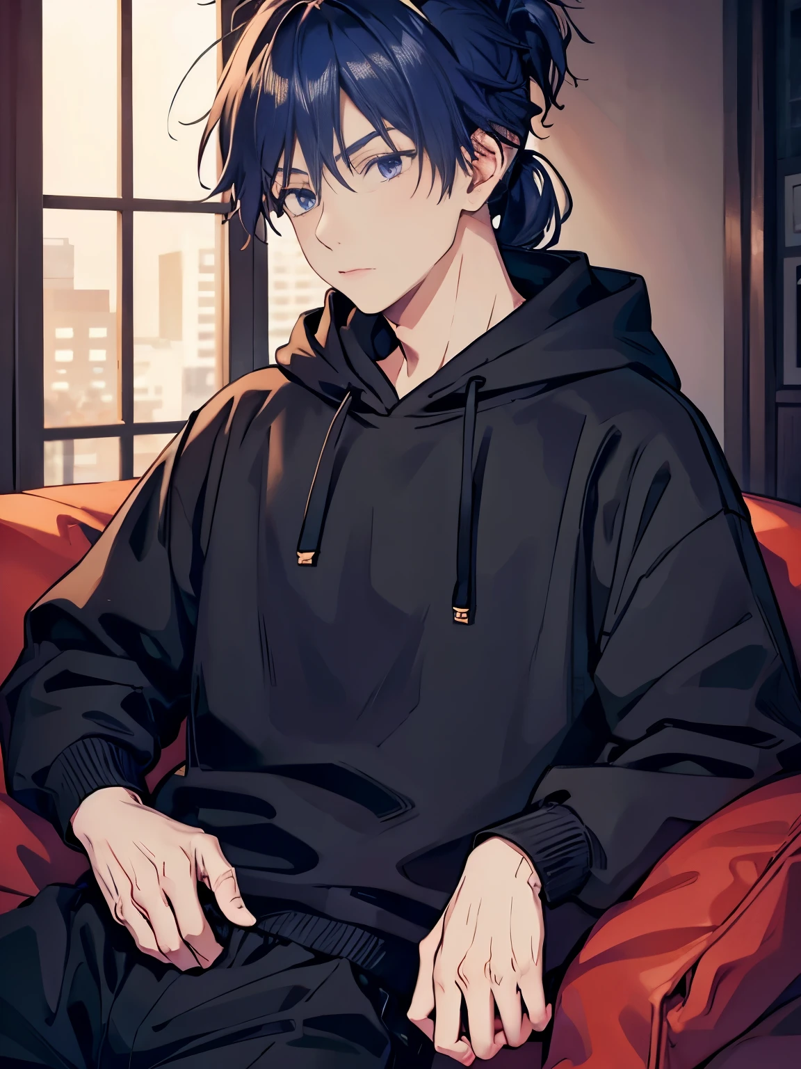 1Male, hair up,ponytail,Sitting on the red sofa,at night, half body photo, wearing a headband, dark blue hair, black eyes, black hoodie, black trousers, ultra detail, ultra hd, masterpiece, 4k