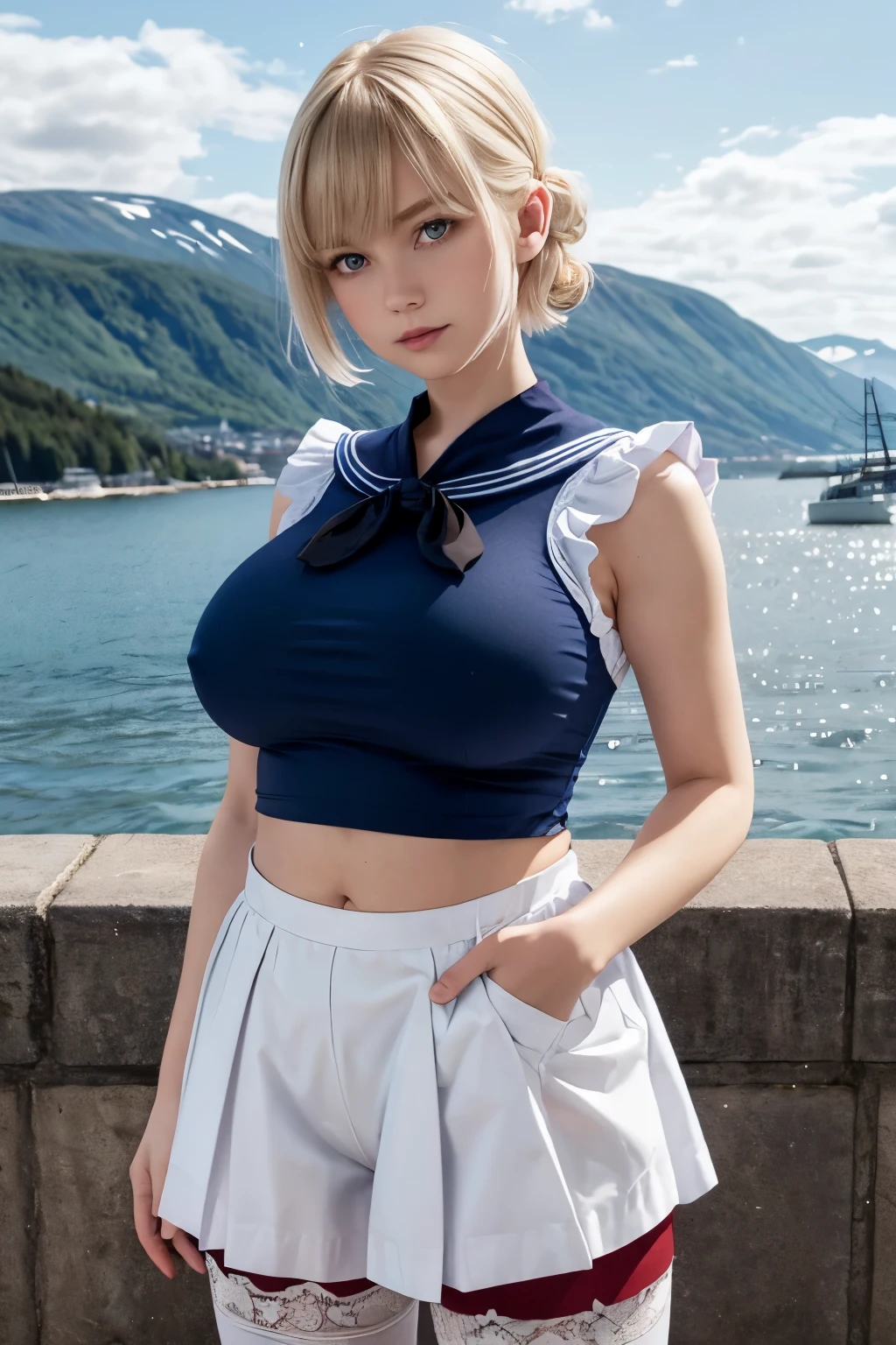 nordic white people、beside the fjord、Underarm pussy、No sleeve light blue sailor uniform、dark blue bloomers、Navel exposed、 blonde bob perm hair、Right wrist Scrunchie、big breasts Plump、red eyes、Brown loafers、lace pattern Black pantyhose