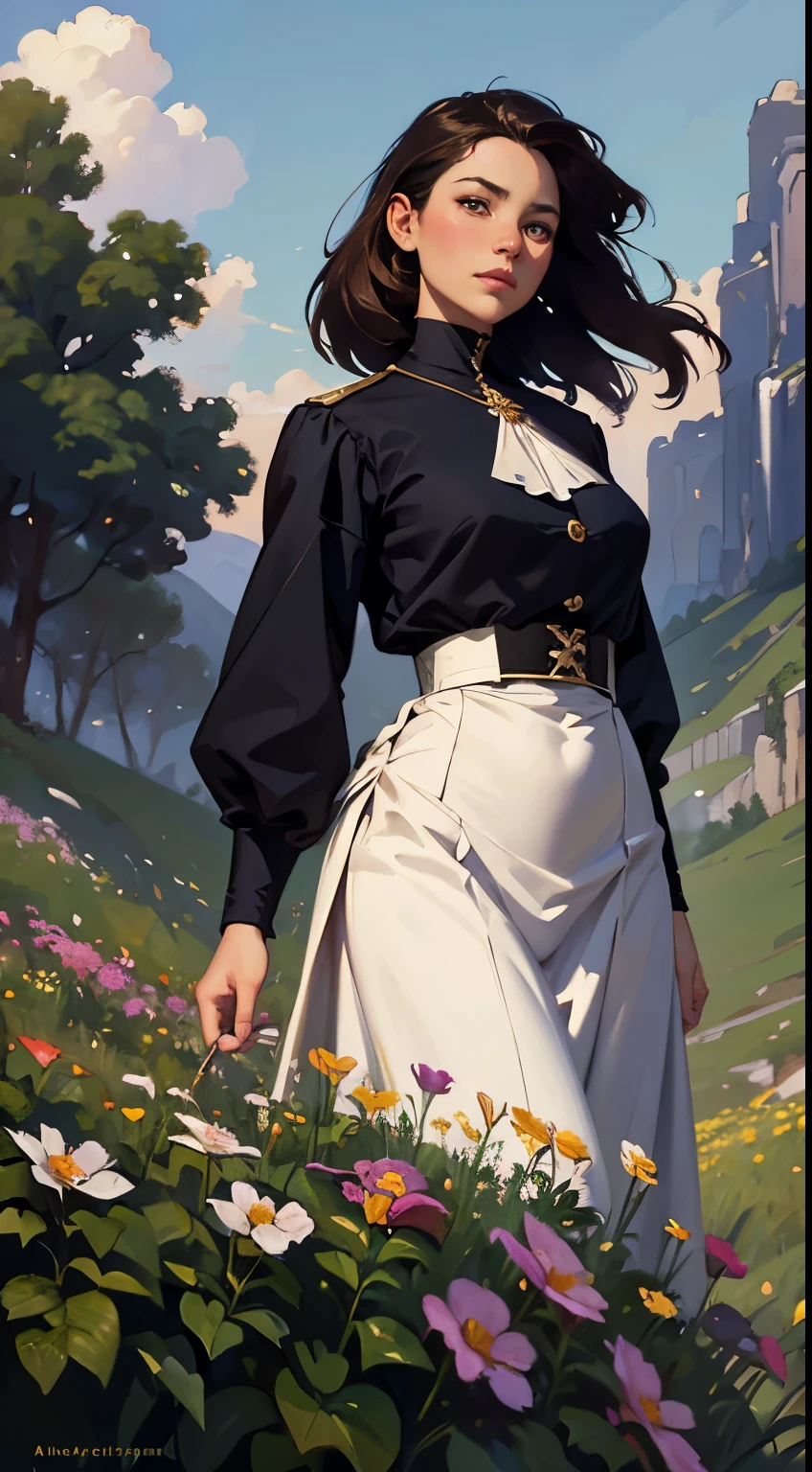 ((Sargent style oil painting))、(highest quality、masterpiece)、soft light、Painting of a woman standing on a hill with flowers in her hands, art of edouard bisson, Krenzkushard, WLOP jeremy lipkin, Inspired by Pierre Auguste Cotto, WLOP painting style, mobius + Reusch + WLOP, Written by Alexander Guinet, Mark Ariane, Inspired by Cynthia Shepherd