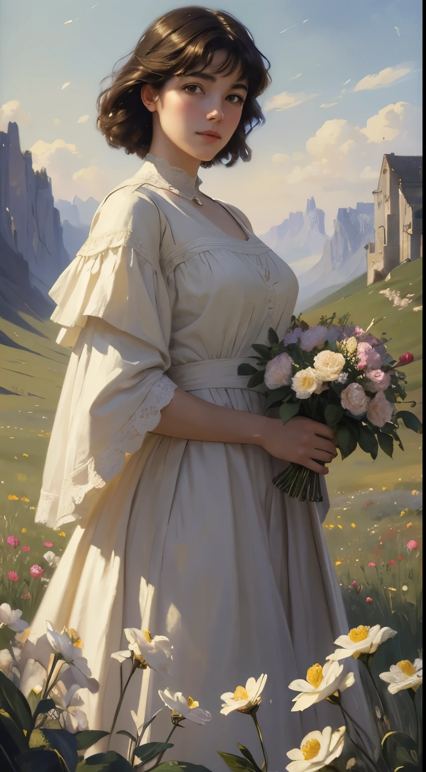 ((Sargent style oil painting))、(highest quality、masterpiece)、soft light、Painting of a woman standing on a hill with flowers in her hands, art of edouard bisson, Krenzkushard, WLOP jeremy lipkin, Inspired by Pierre Auguste Cotto, WLOP painting style, mobius + Reusch + WLOP, Written by Alexander Guinet, Mark Ariane, Inspired by Cynthia Shepherd