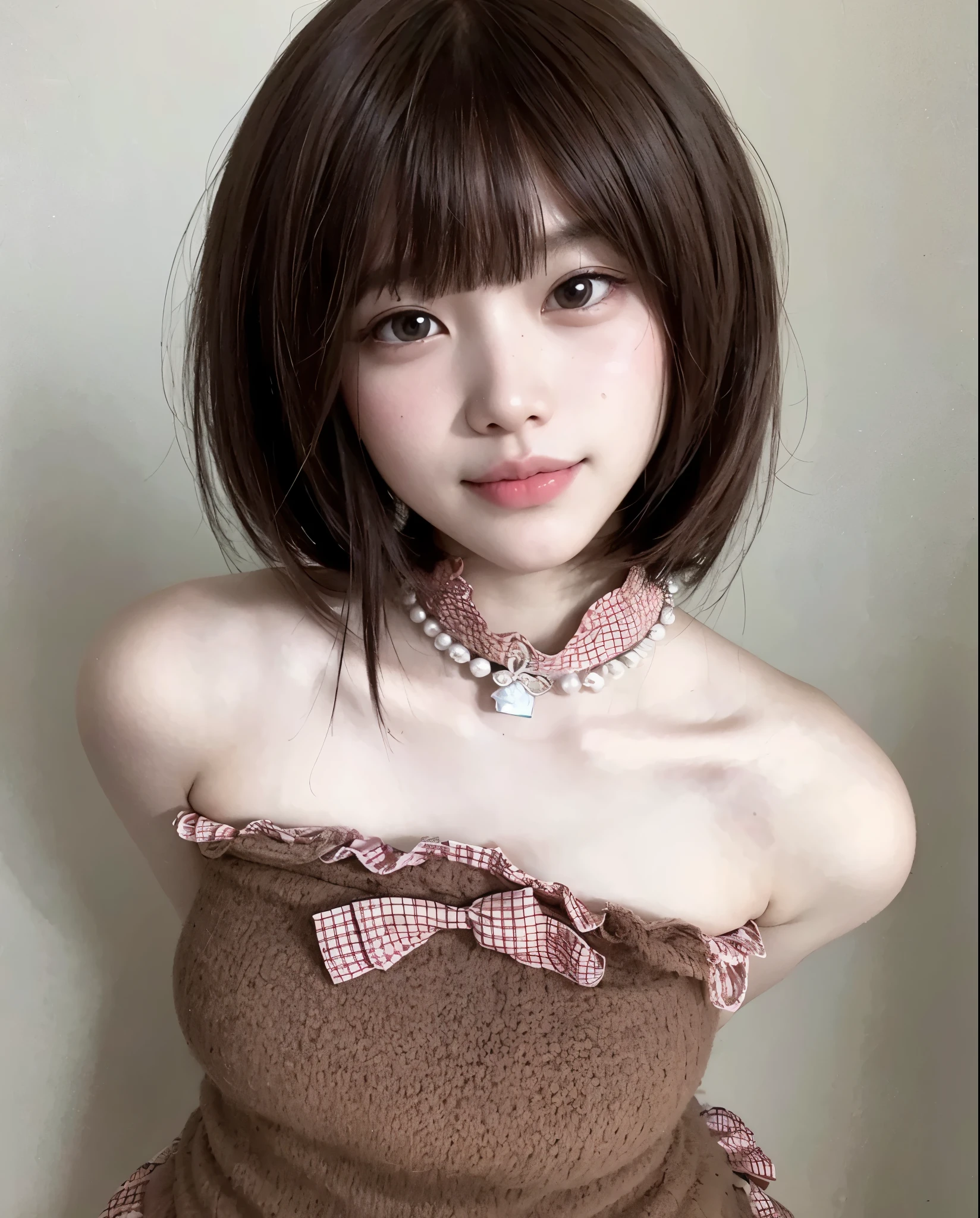 A close up of a woman with a brown dress and a necklace - SeaArt AI