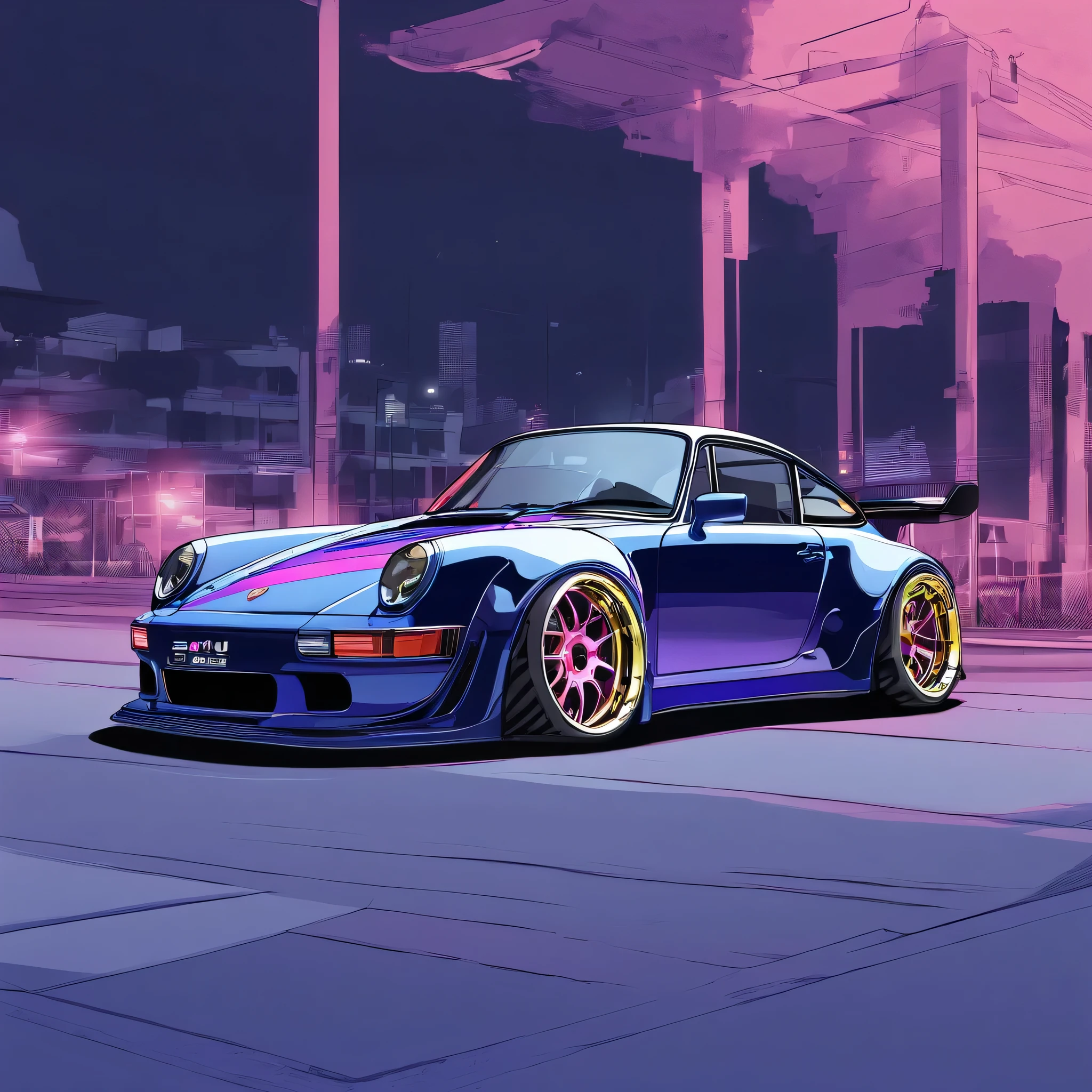 Navy blue
Porsche 911 rwb, wide body, sketch,
cartoonish, comic strip, rendering, purple wheels, bagged, slammed to the ground, empty parkinglot, style dessin manga, couleur