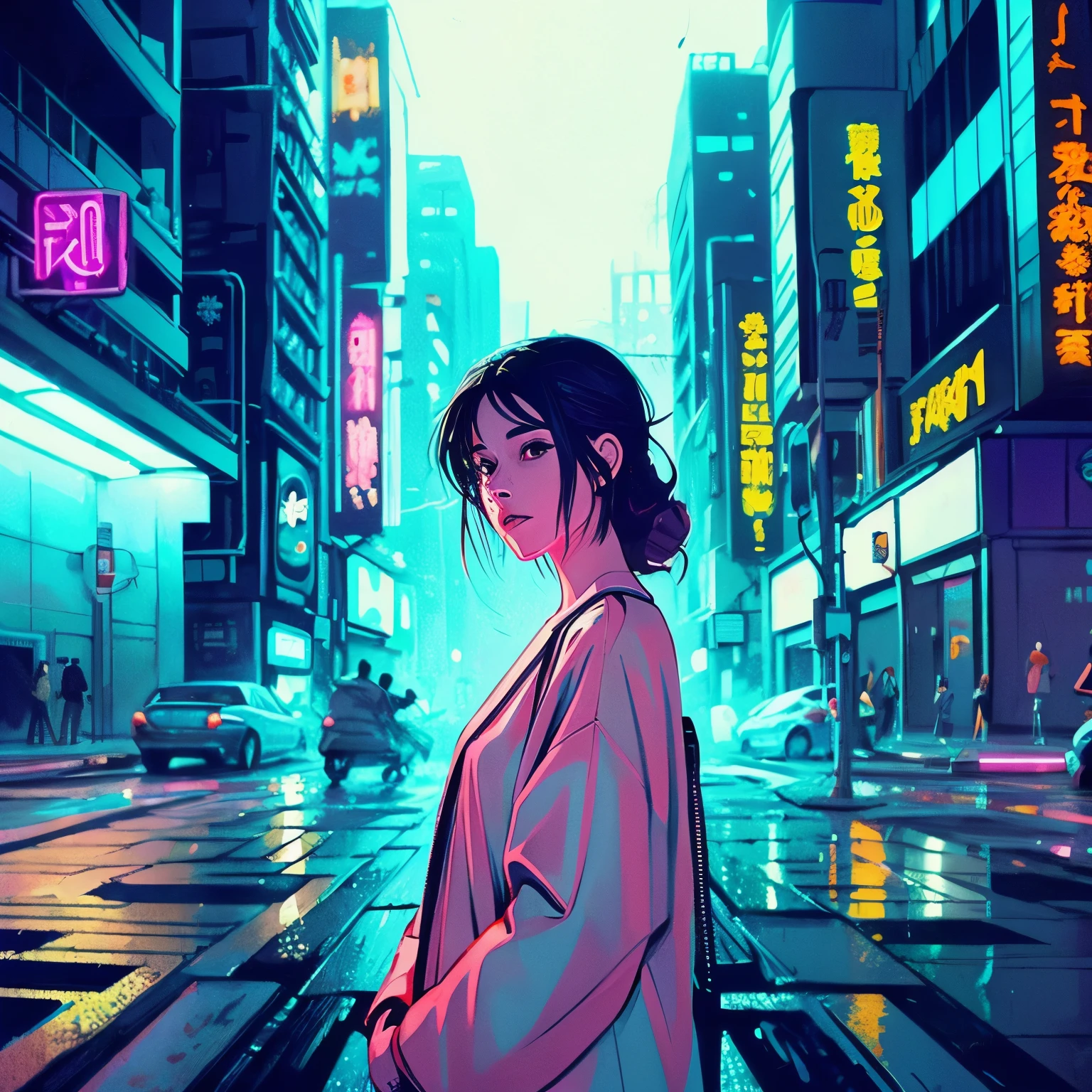 Lofi style girl in cyberpunk city to meditation music、Draw atmospheric illustrations