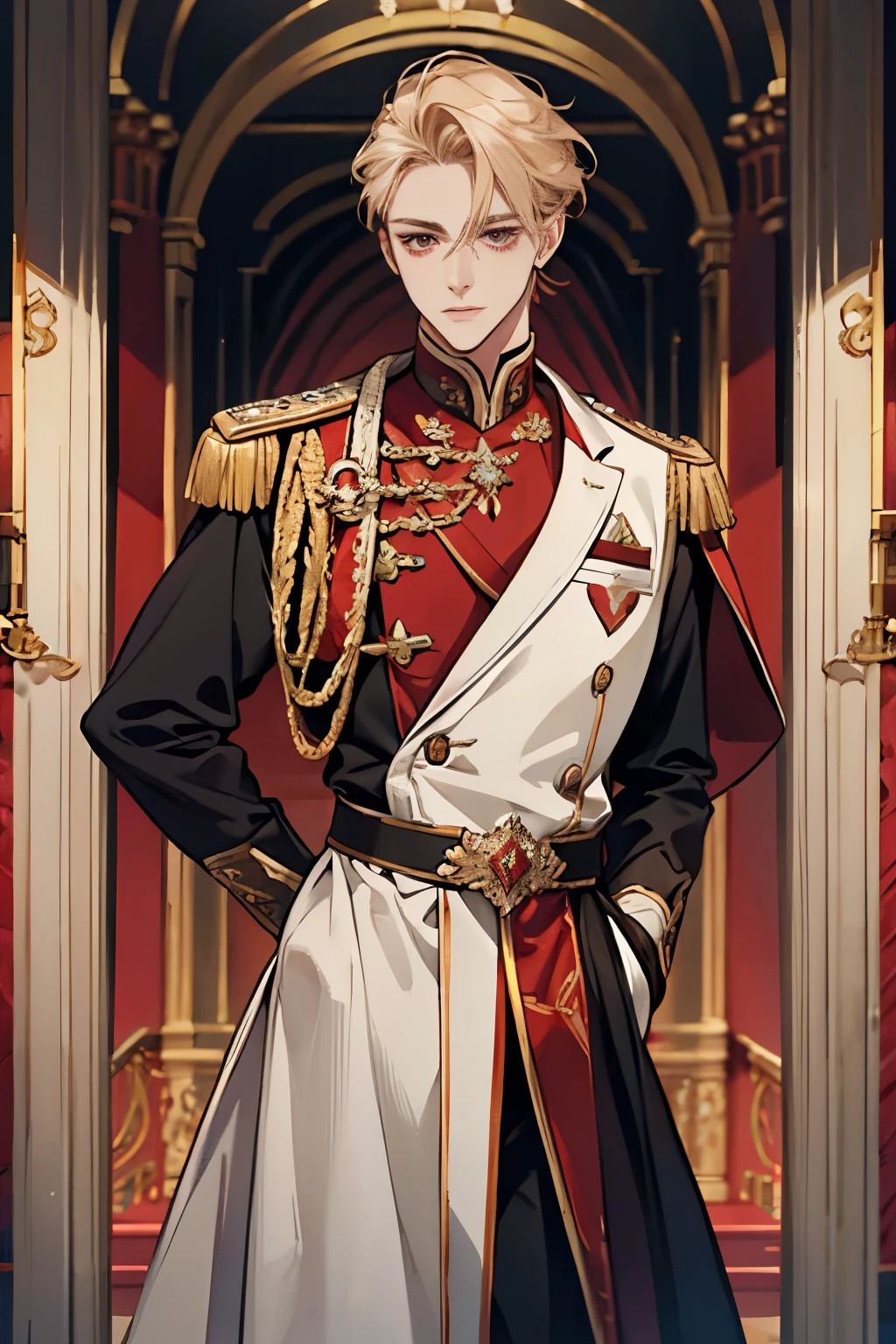 dark red eyes blonde hair, long masculine prince, male, 25 years old, regal red white gold primary colors