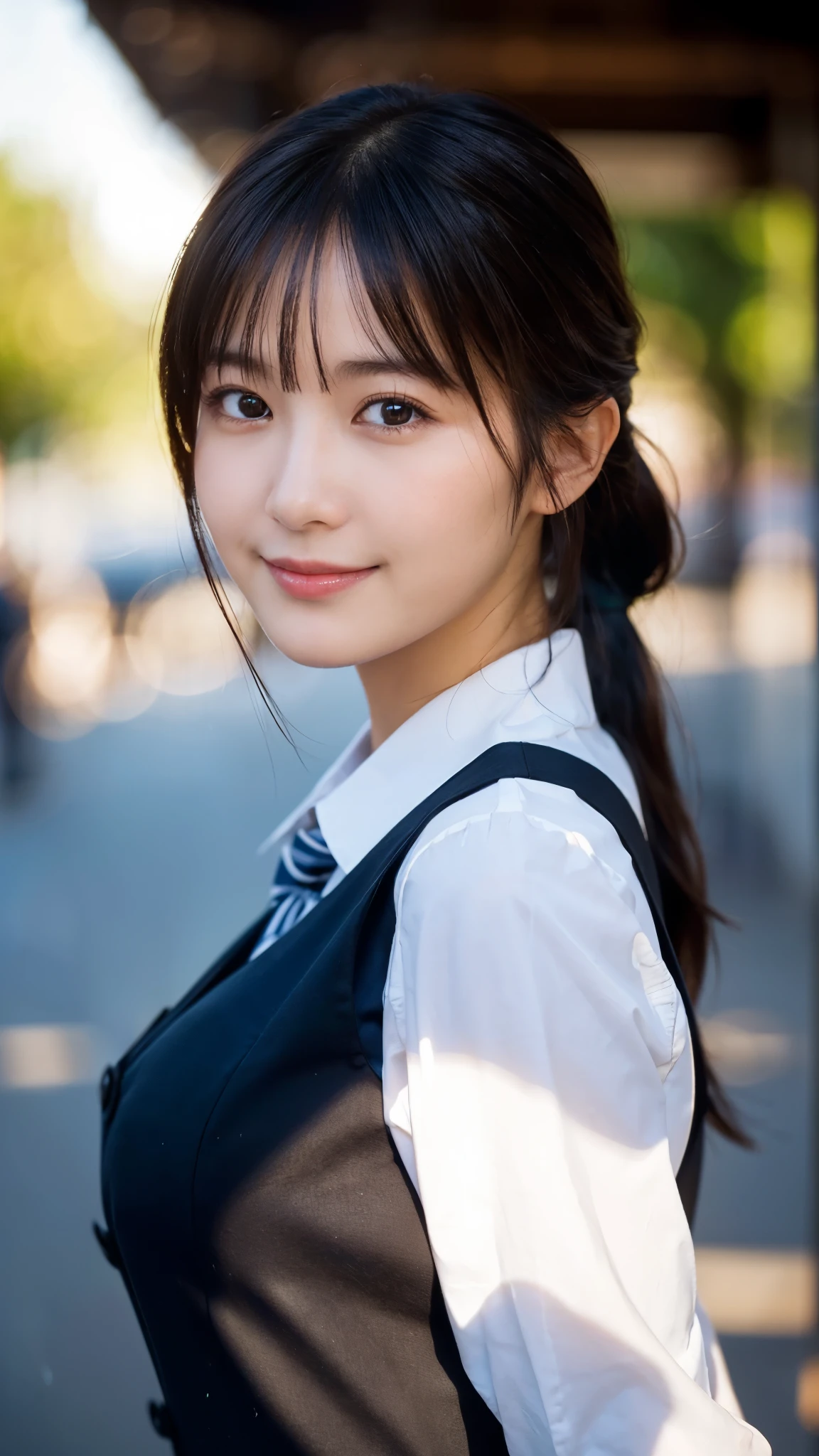 (highest quality,masterpiece:1.3,ultra high resolution),(Super detailed,caustics,8k),(photorealistic:1.4,RAW shooting),1 girl,(smile and look down at the camera),(front shot:1.1),(face forward),18-year-old,cute,Japanese,black short ponytail,school uniform,glamorous,(big boobs),( close up),(breast focus),street,sunshine,Natural light,(Backlight),(A bright light shines from behind),(Lens flare),professional writing,(cowboy shot),(low position:1.2),(Low - Angle:1.2)