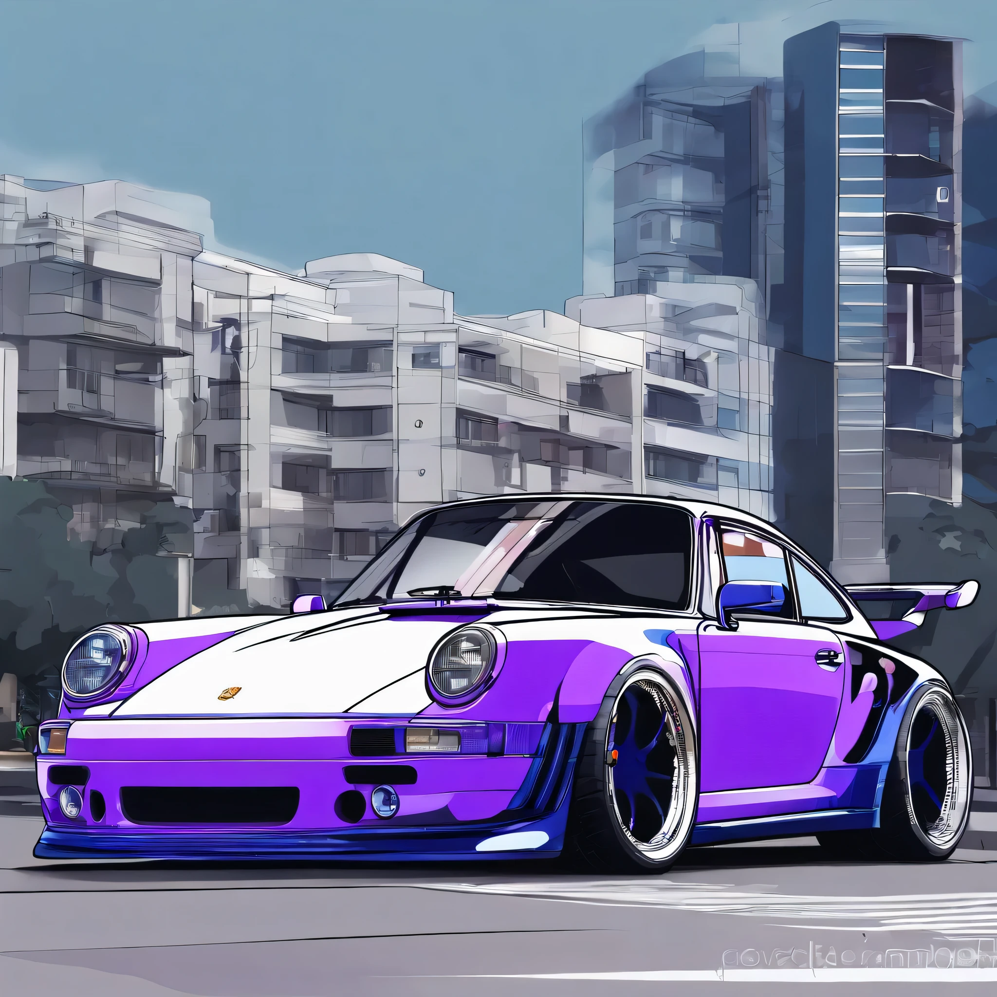 Navy blue
Porsche 911 rwb, wide body, sketch,
cartoonish, comic strip, rendering, purple wheels, bagged, slammed to the ground, empty parkinglot, style dessin manga, couleur