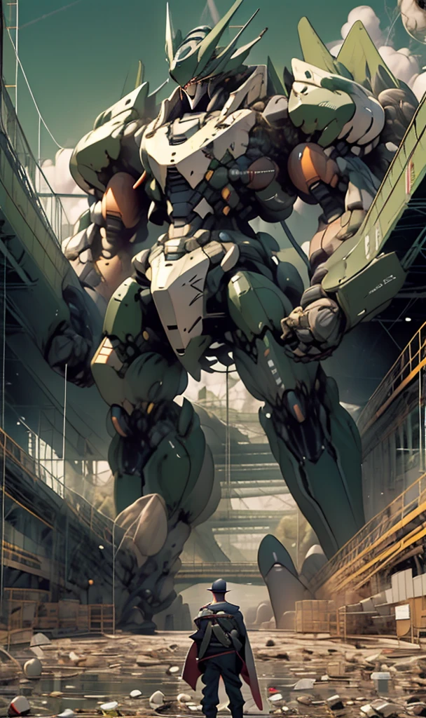 American comic book style background of a mecha crystal post WWII British fortress